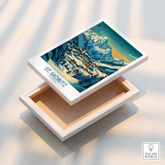 St Moritz Wall Art Print - Switzerland displayed in a wooden box, showcasing the beauty of Swiss landscapes.