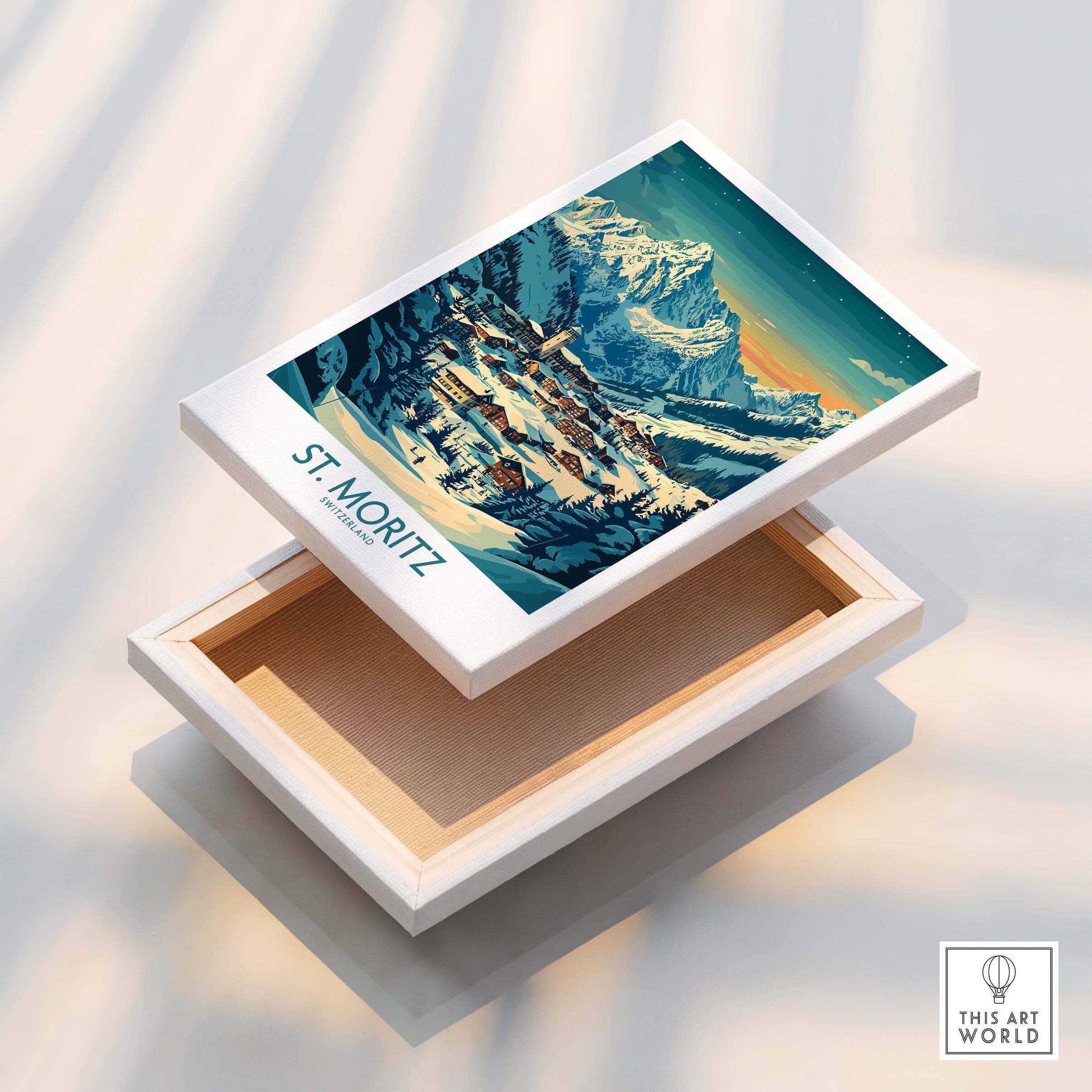 St Moritz Wall Art Print - Switzerland displayed in a wooden box, showcasing the beauty of Swiss landscapes.