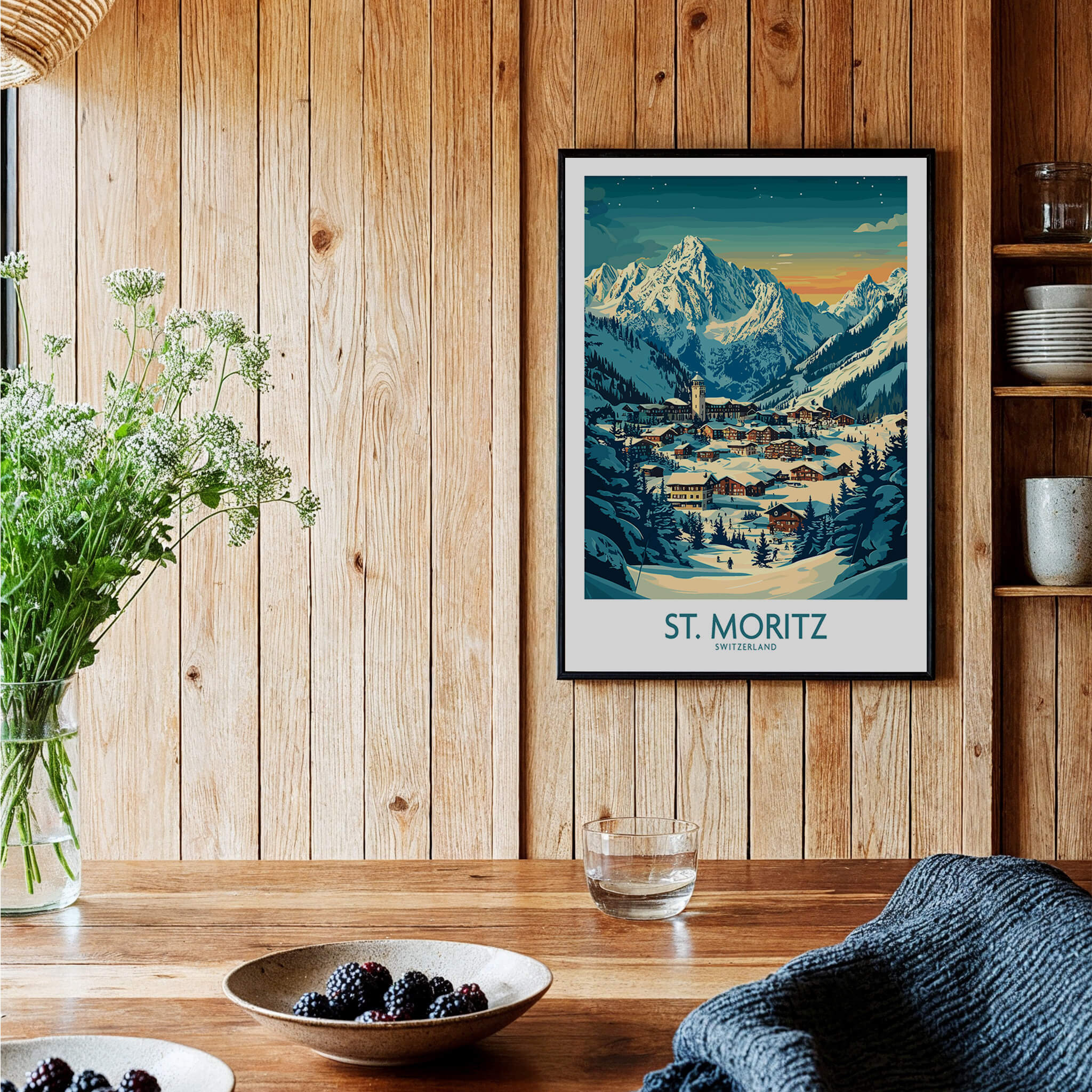 St Moritz Wall Art Print - Switzerland displayed in a cozy setting with wooden decor and a floral arrangement.