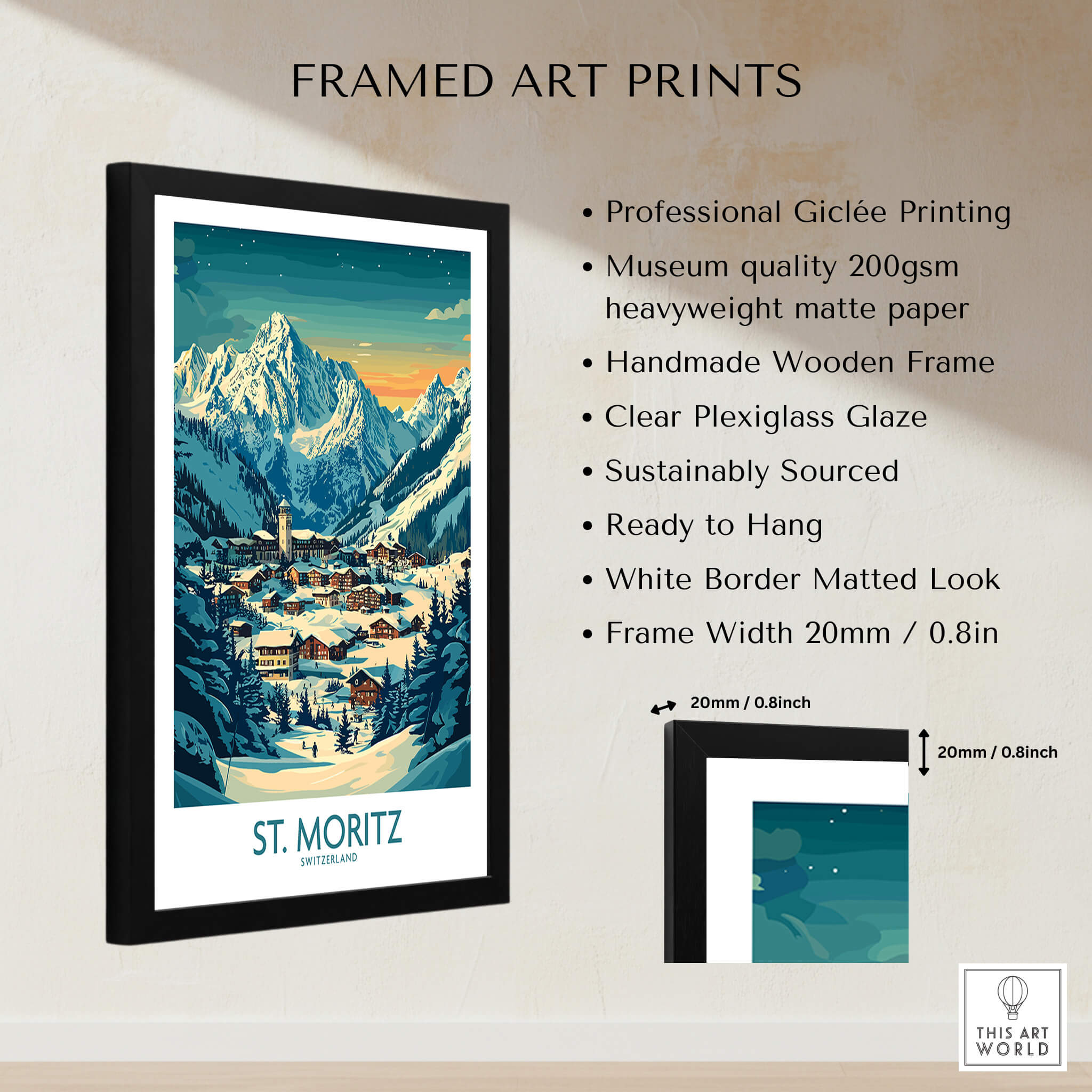 St Moritz Wall Art Print -  Switzerland framed print featuring a scenic view of St Moritz in the Swiss Alps.
