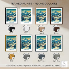 St Moritz Wall Art Print - Switzerland displayed in various frame colors including black, white, natural, and brown.