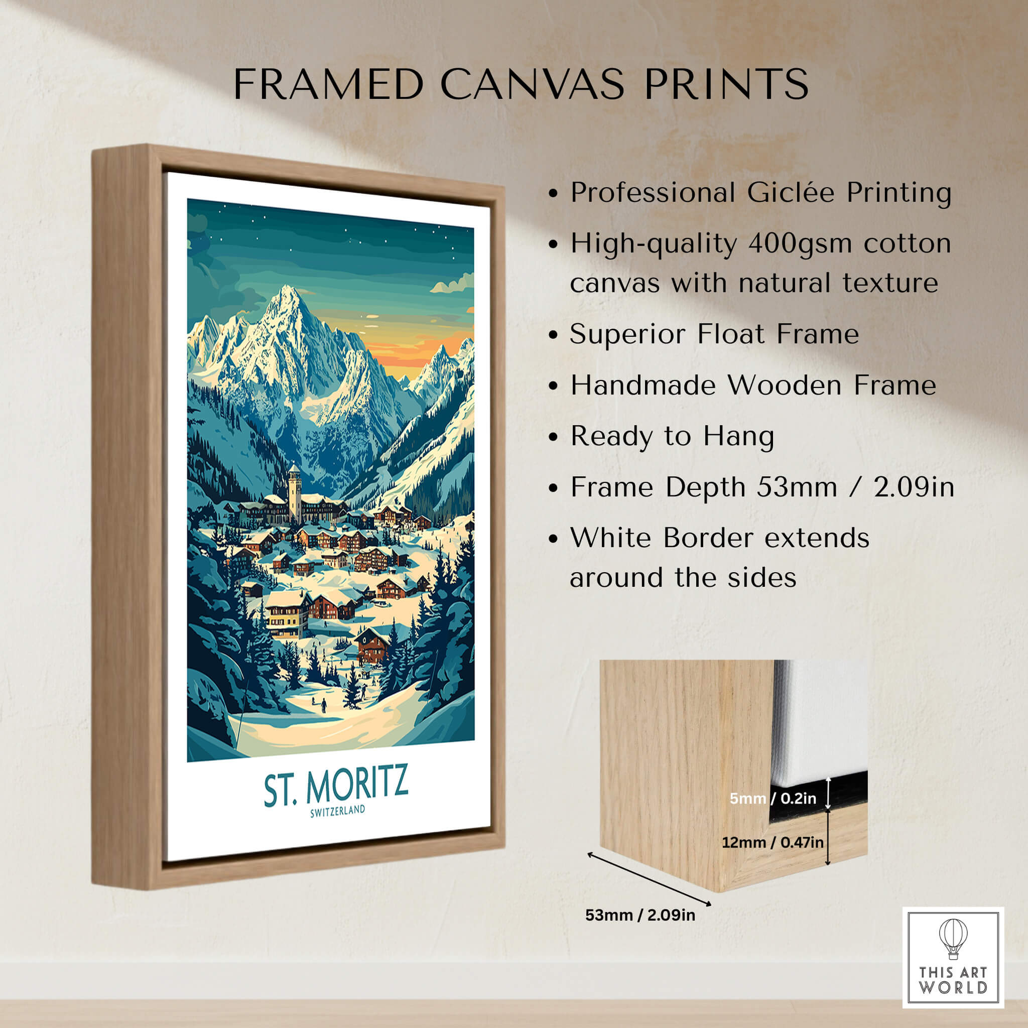 St Moritz Wall Art Print - Switzerland framed canvas print with a scenic view of St Moritz and Alps.