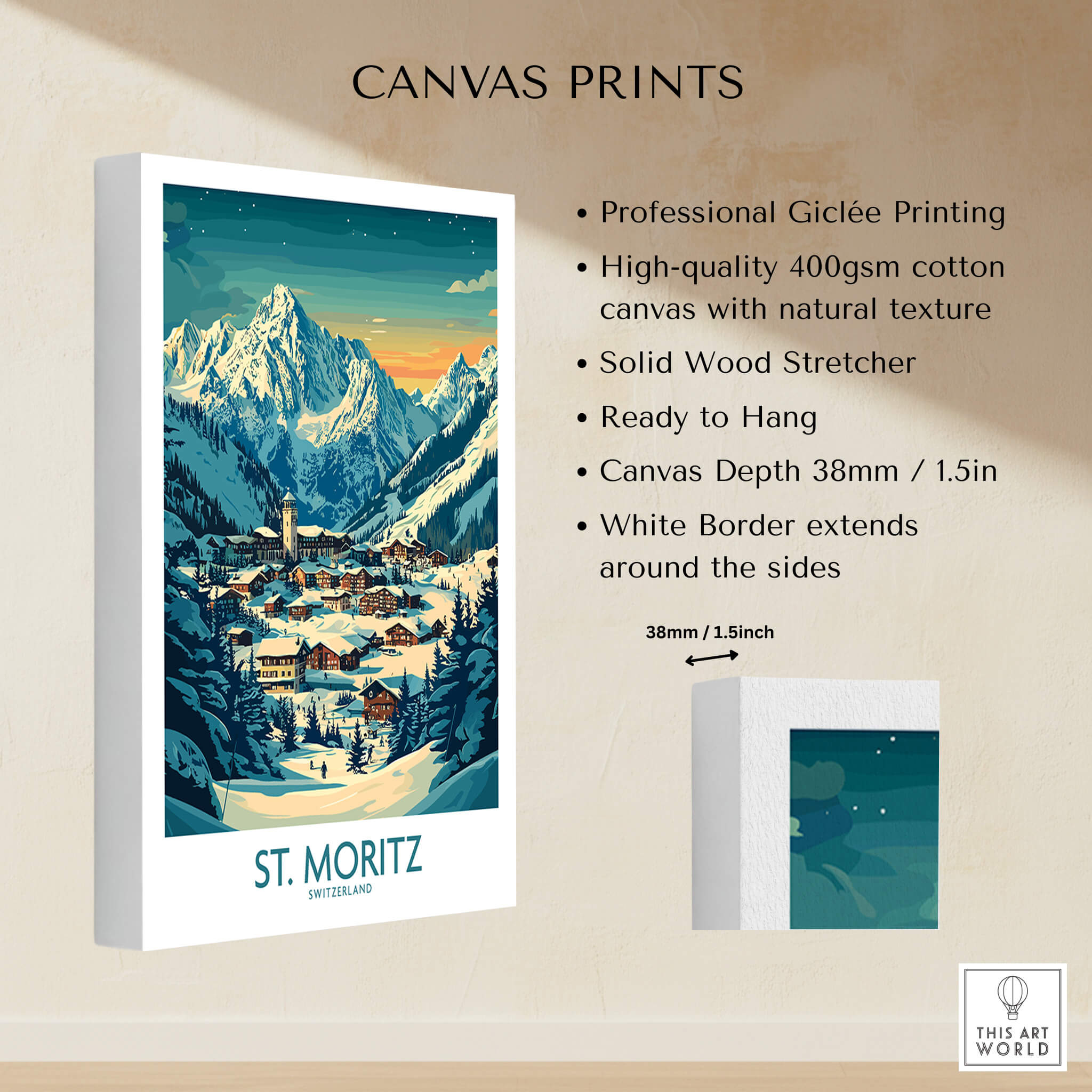 St Moritz Wall Art Print - Switzerland showcasing professional Giclée printing on high-quality canvas.