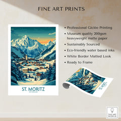 St Moritz Wall Art Print -  Switzerland showcasing a captivating mountain landscape and charming village scene.