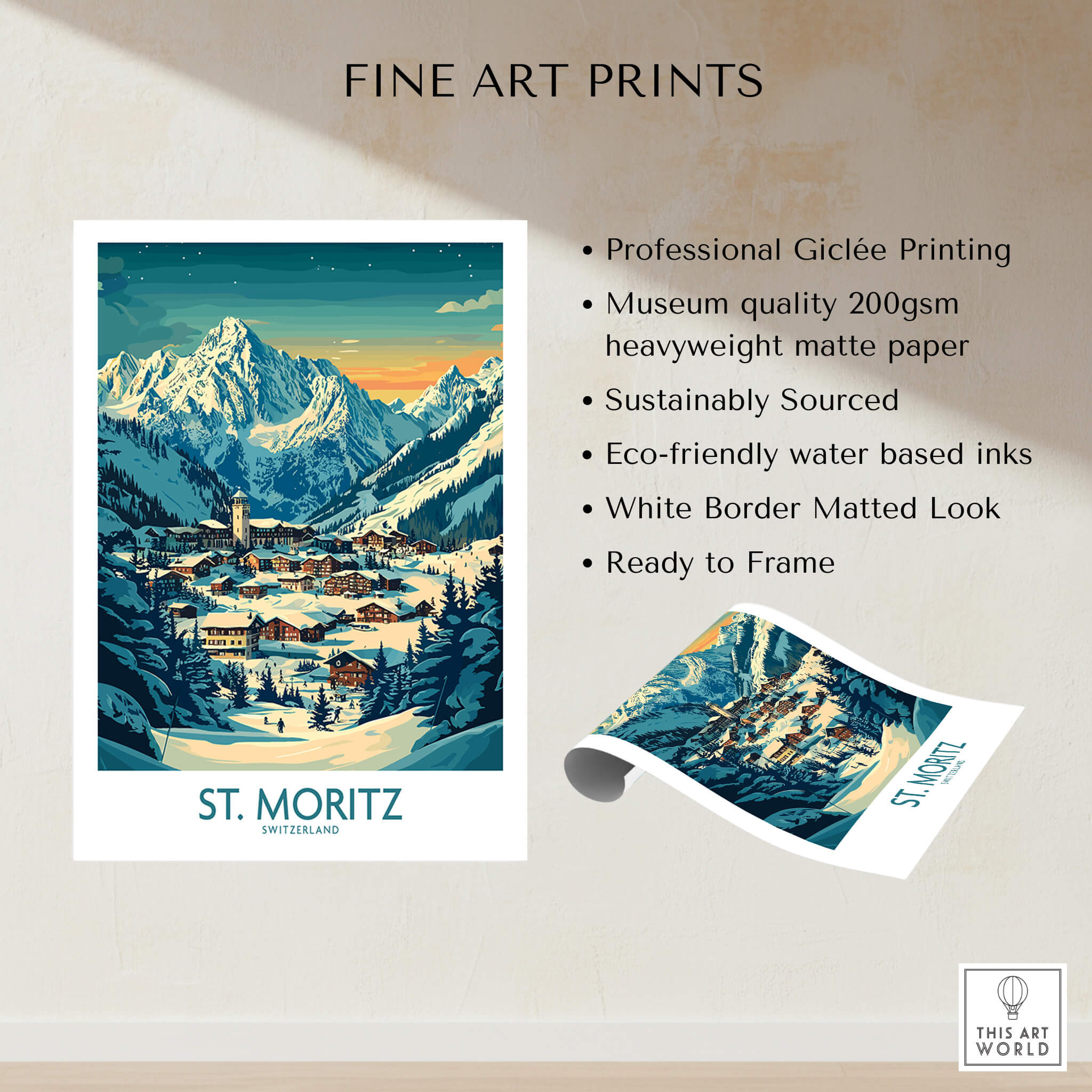 St Moritz Wall Art Print -  Switzerland showcasing a captivating mountain landscape and charming village scene.