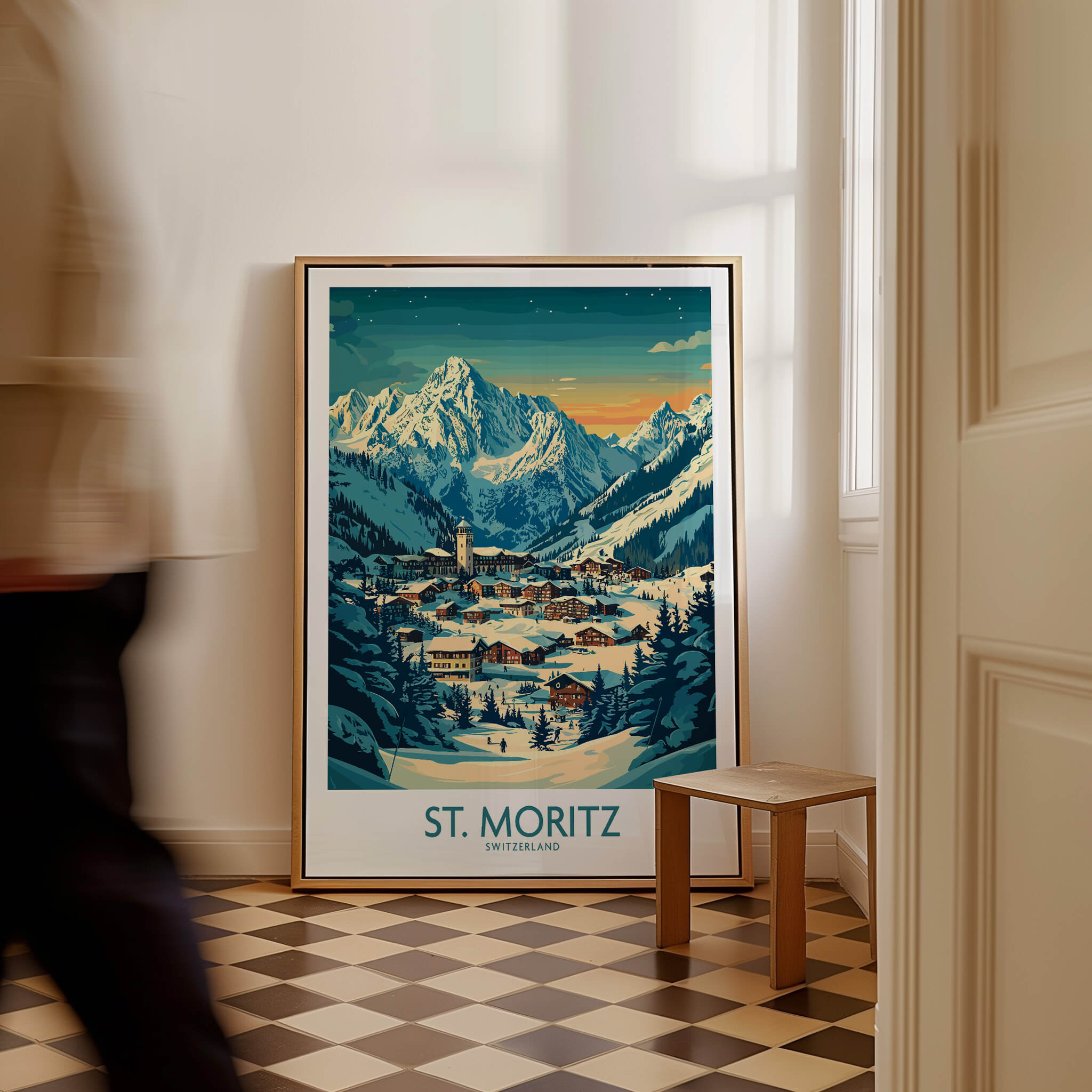 St Moritz Wall Art Print - Switzerland showcased in a stylish interior setting, capturing the beauty of the Swiss Alps.