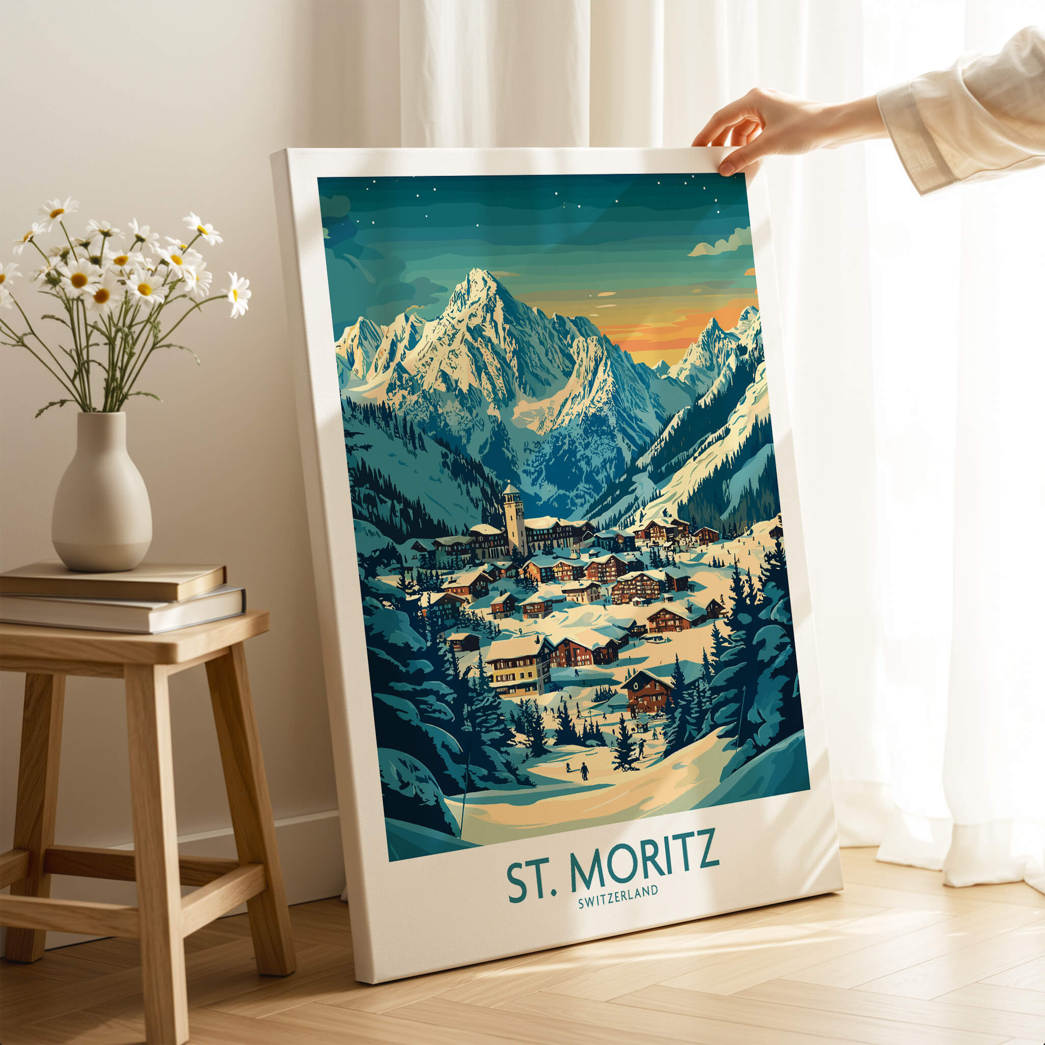 St Moritz Wall Art Print - Switzerland showcasing a scenic mountain view and charming village in the Swiss Alps.