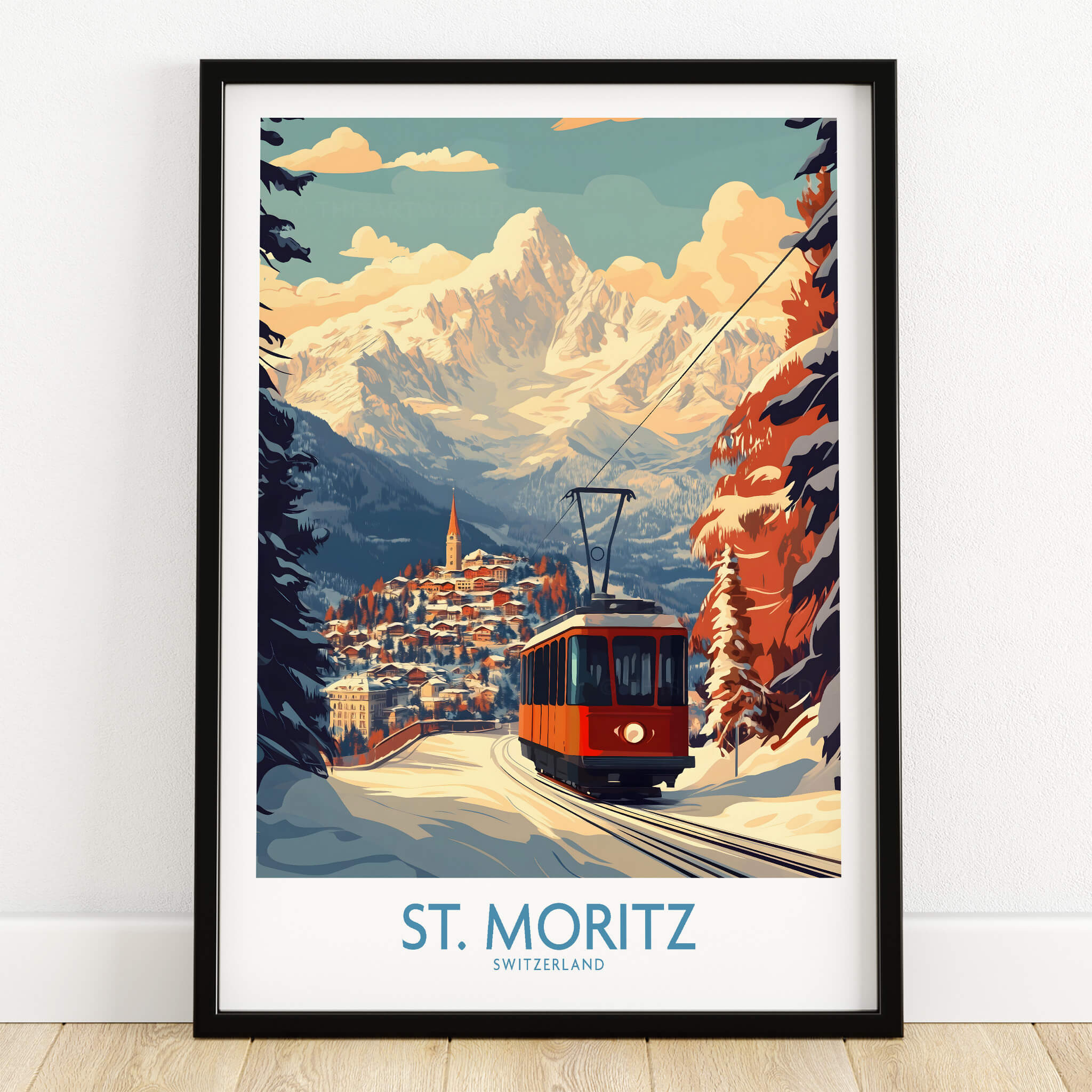 St Moritz Poster Switzerland with a scenic mountain view and vintage ski tram