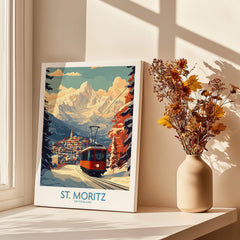 St Moritz Poster Switzerland showcasing a train in snowy mountains, perfect for travel enthusiasts and home decor.