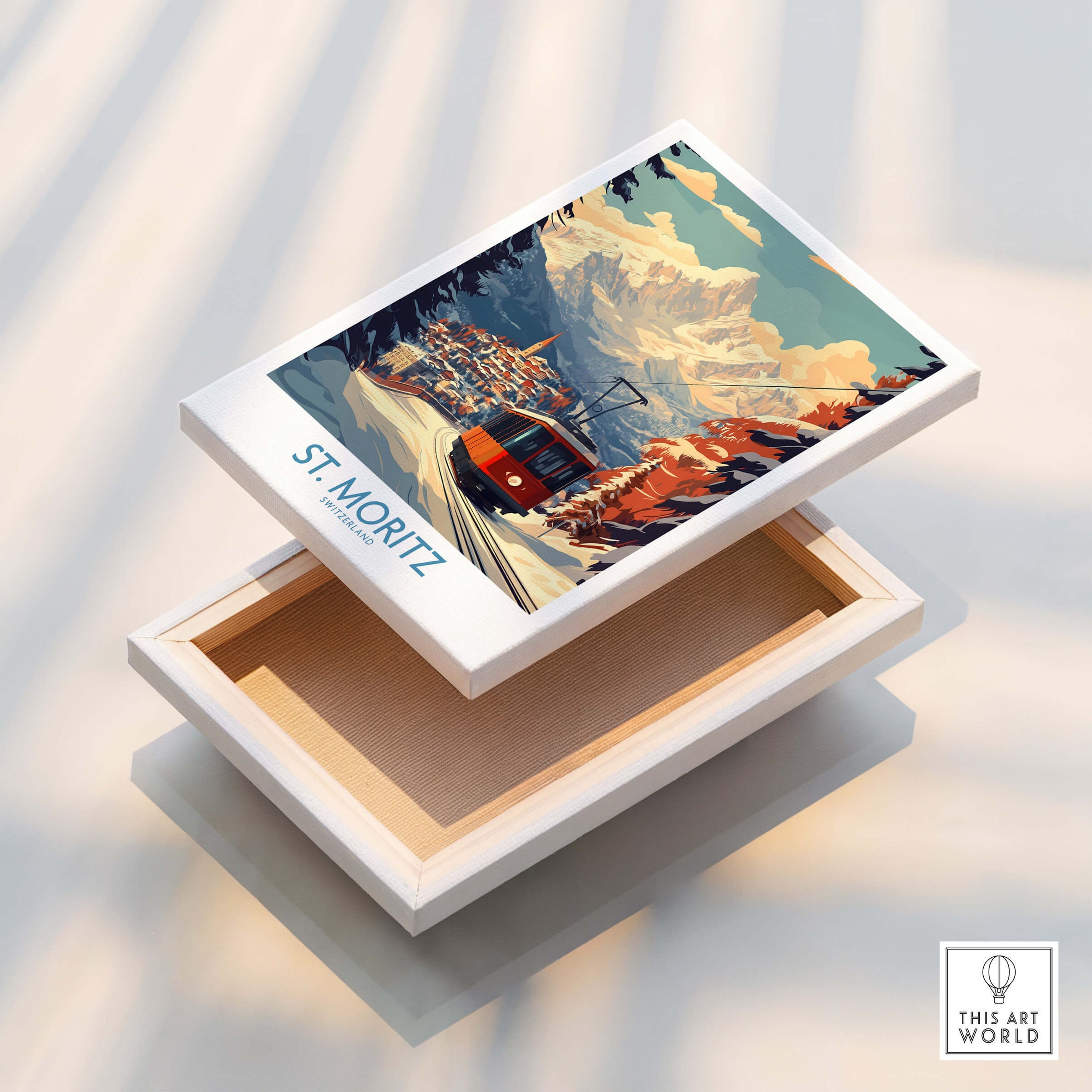 St Moritz Poster Switzerland artwork featuring a vibrant ski scene and mountains in a decorative box.