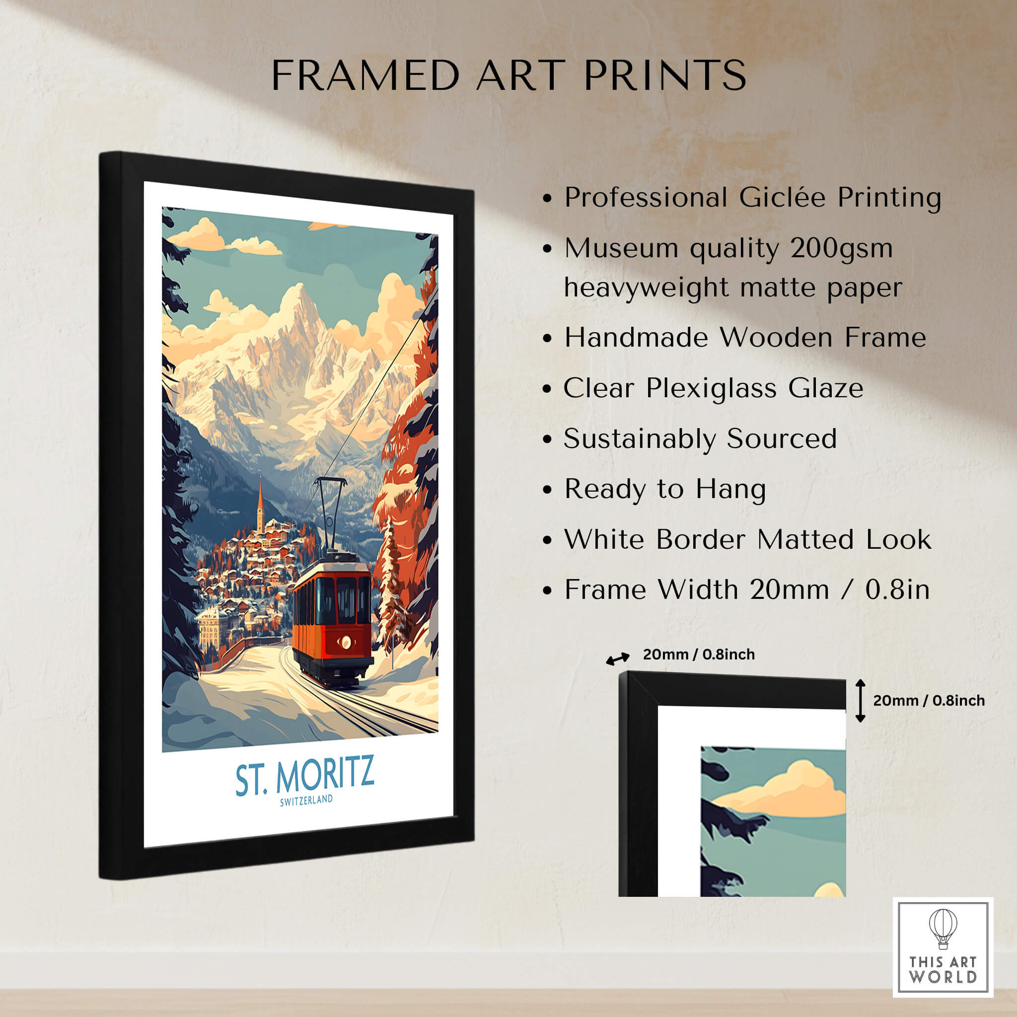 St Moritz Poster Switzerland framed art print showcasing stunning mountain scenery and ski theme.