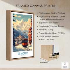 St Moritz Poster Switzerland framed canvas print featuring ski slopes and mountains, ready to hang decor.