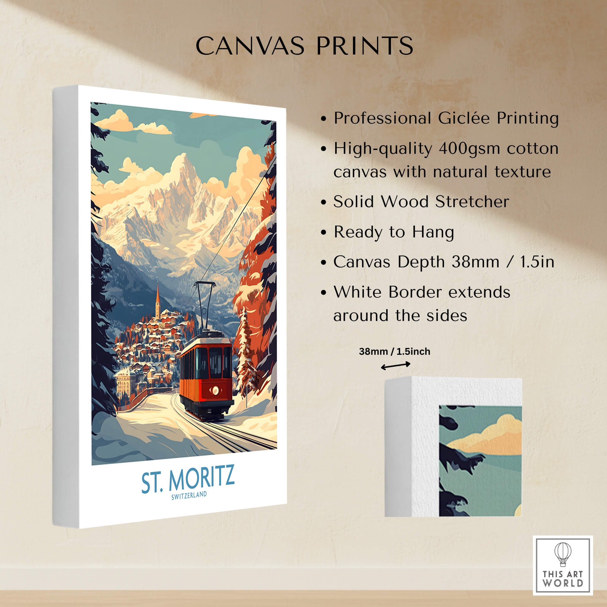 St Moritz Poster Switzerland canvas print featuring professional Giclée printing and stunning ski artwork.