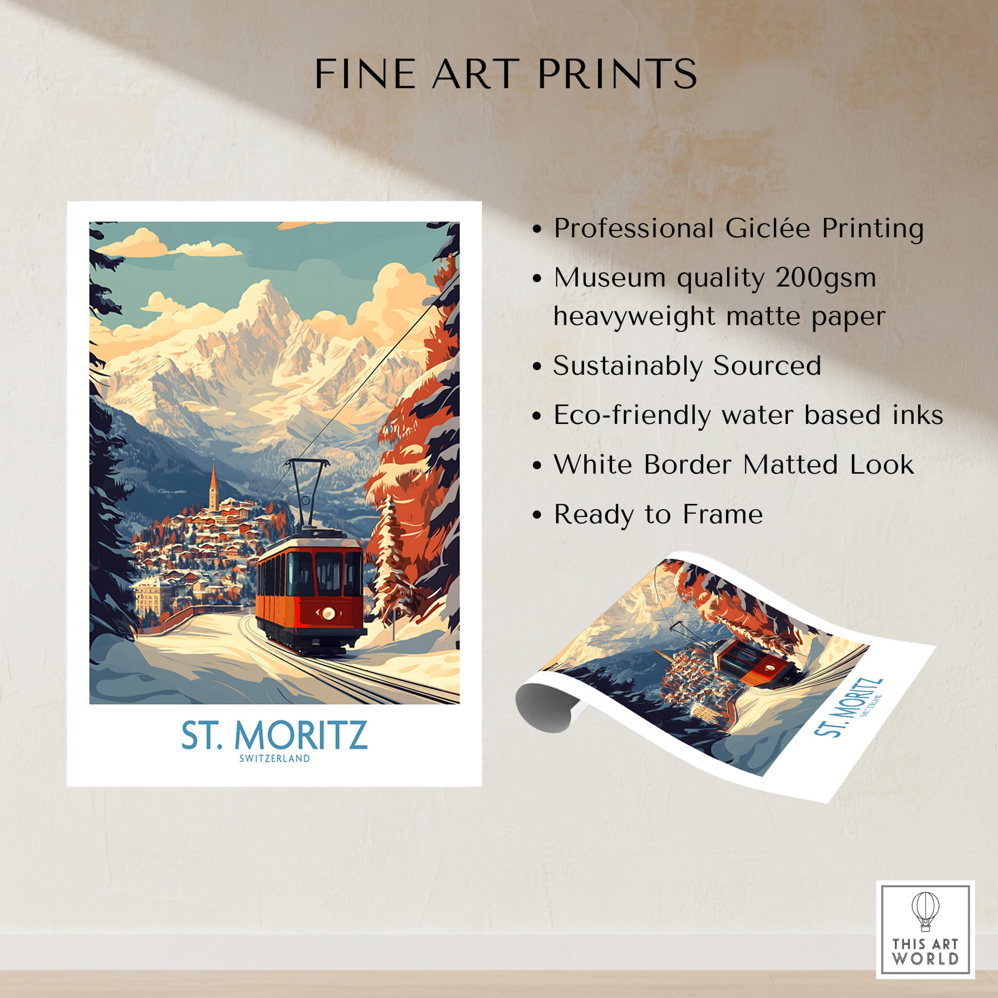 St Moritz Poster Switzerland showcasing a winter landscape and ski lift, perfect for home decor and travel inspiration.