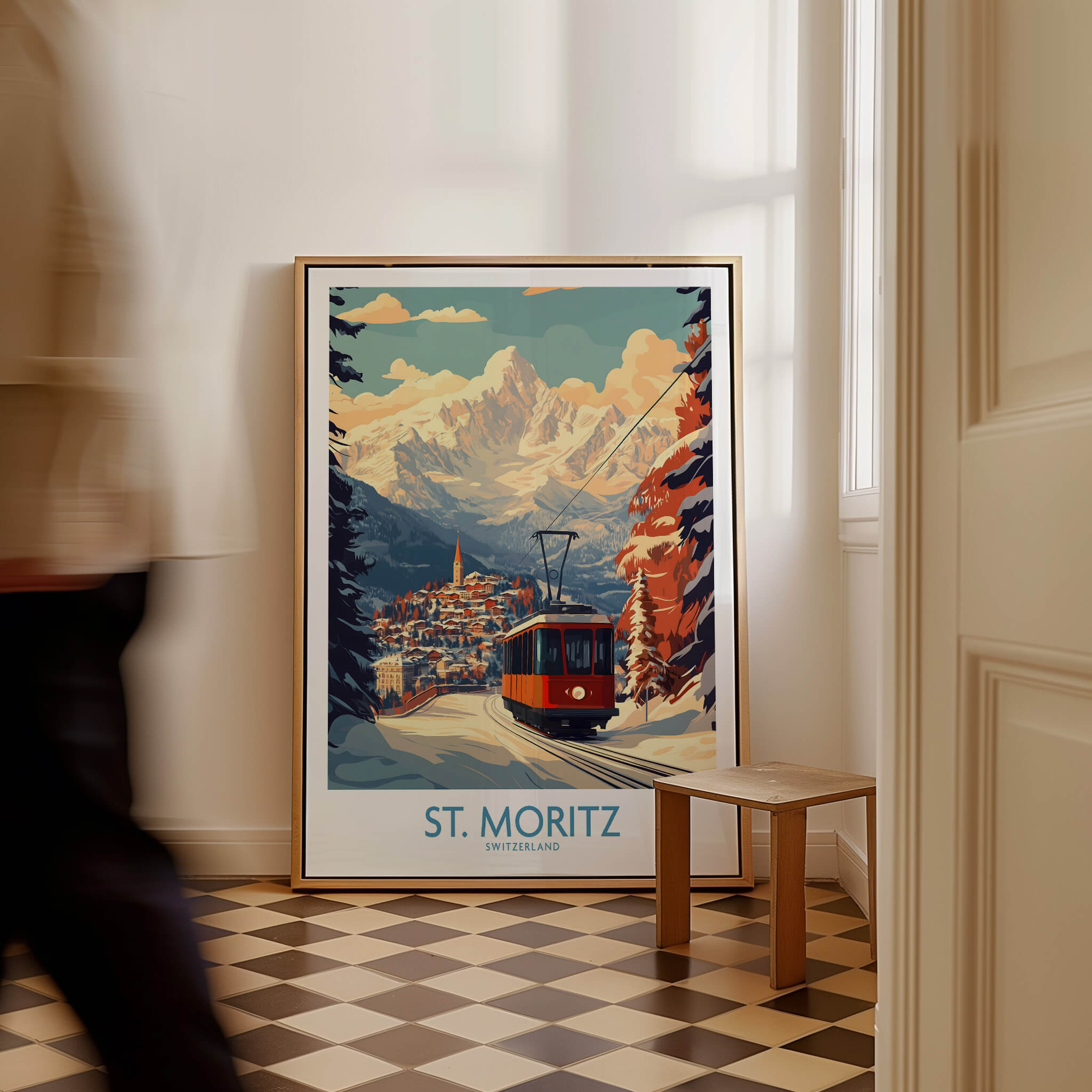 St Moritz Poster Switzerland showcasing a colorful ski print and stunning mountain scenery.