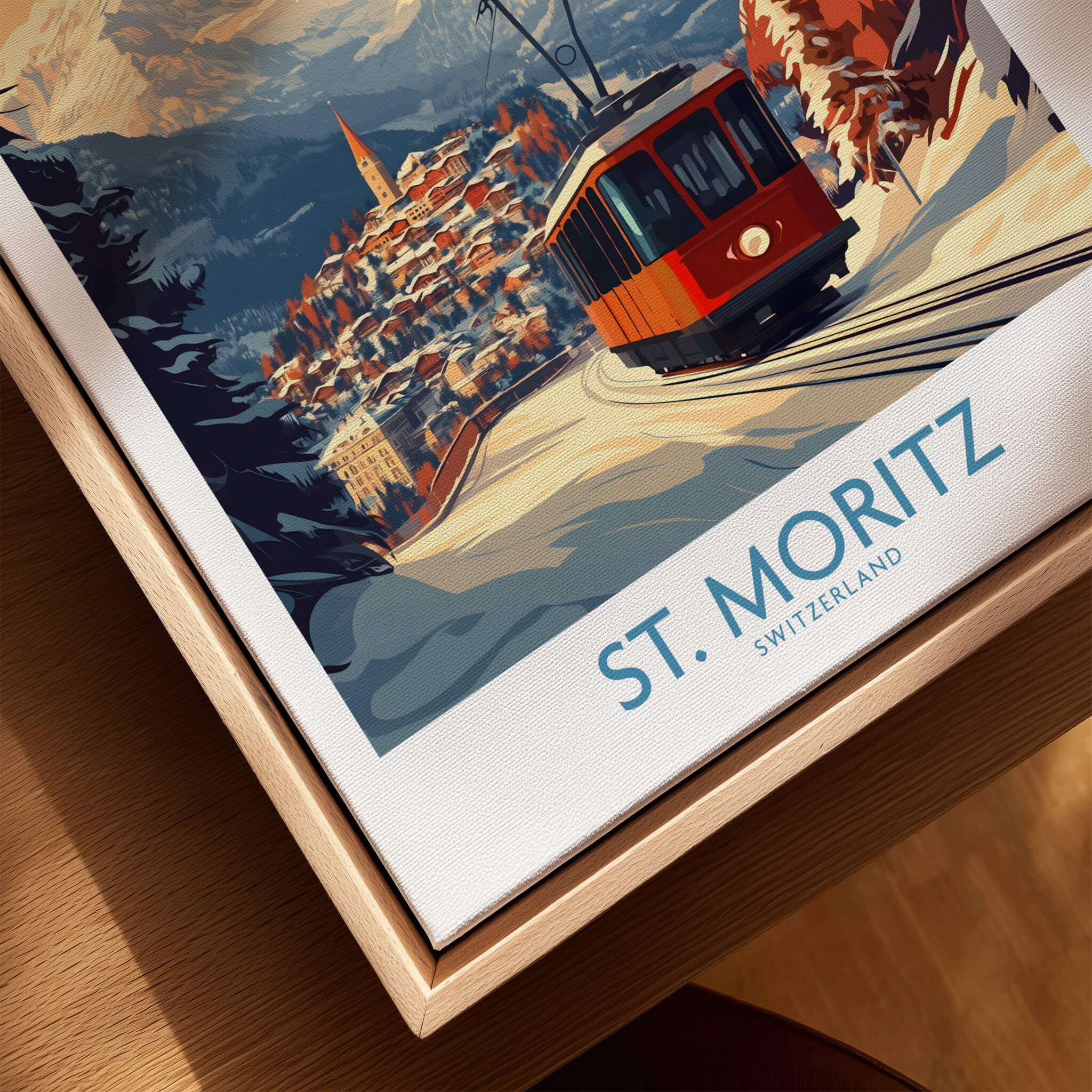 St Moritz Poster Switzerland showcasing a vivid ski scene with a red train and snowy mountains in the background.