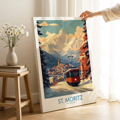 St Moritz Poster Switzerland featuring a scenic illustration of a mountain tram in winter scenery.