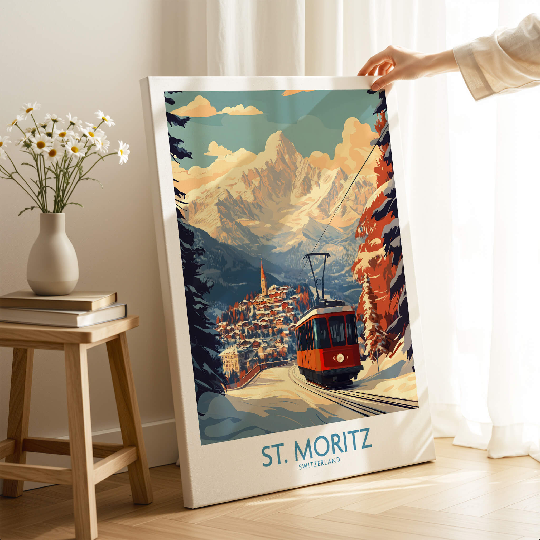 St Moritz Poster Switzerland featuring a scenic illustration of a mountain tram in winter scenery.