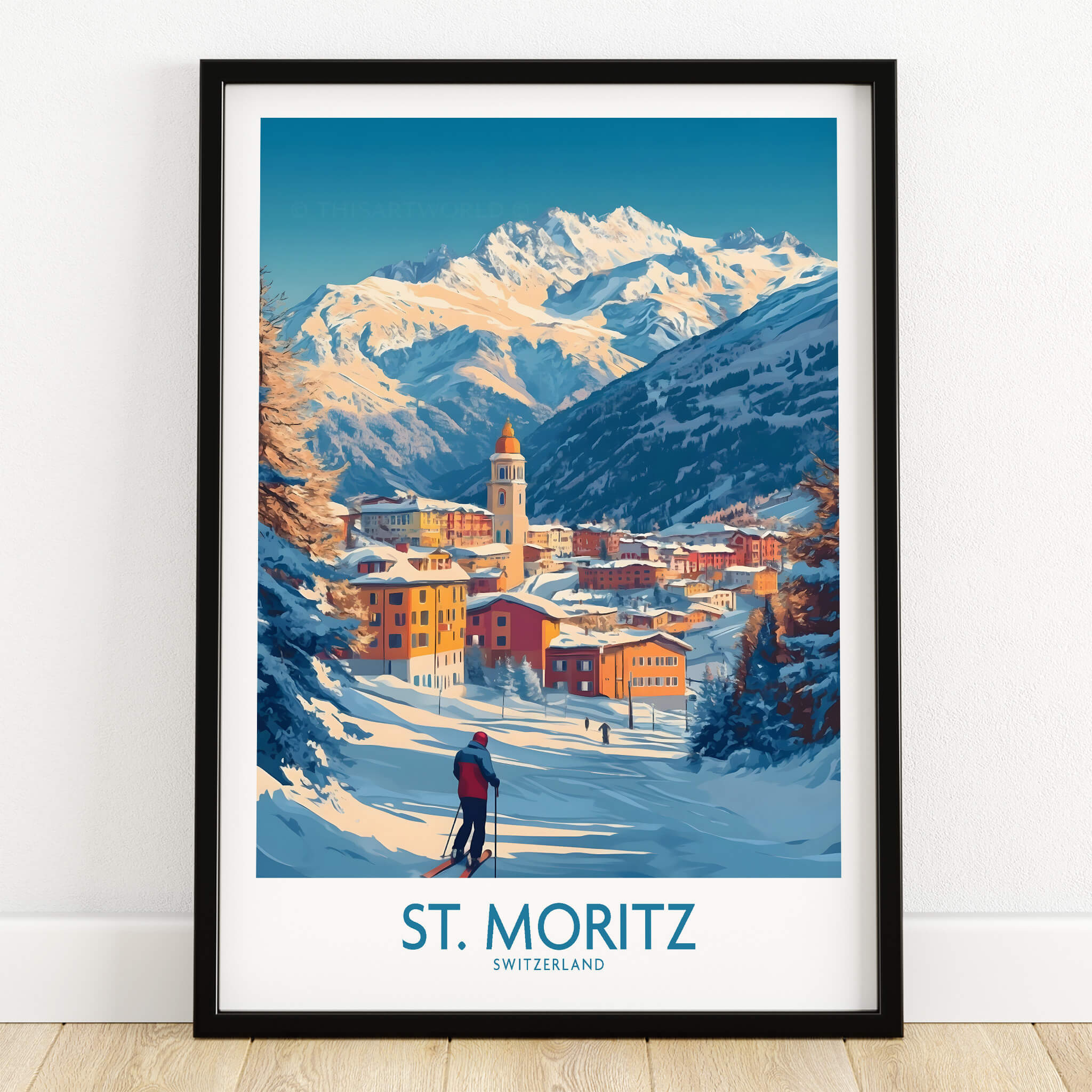 St Moritz Wall Art Ski Poster showcasing a beautiful ski scene in the Swiss Alps.