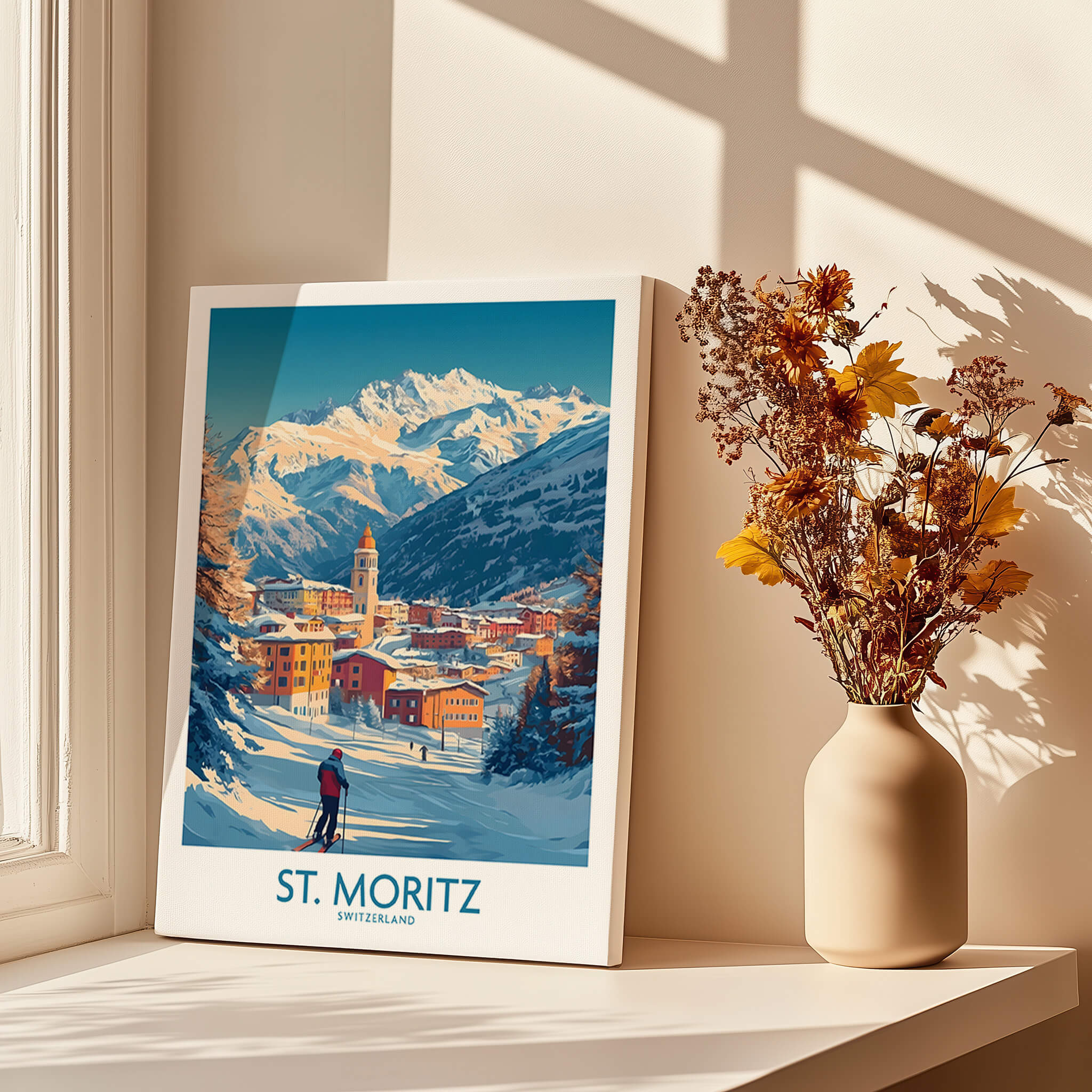 St Moritz Wall Art Ski Poster featuring a stunning winter landscape and skier, perfect for ski lovers' home decor.
