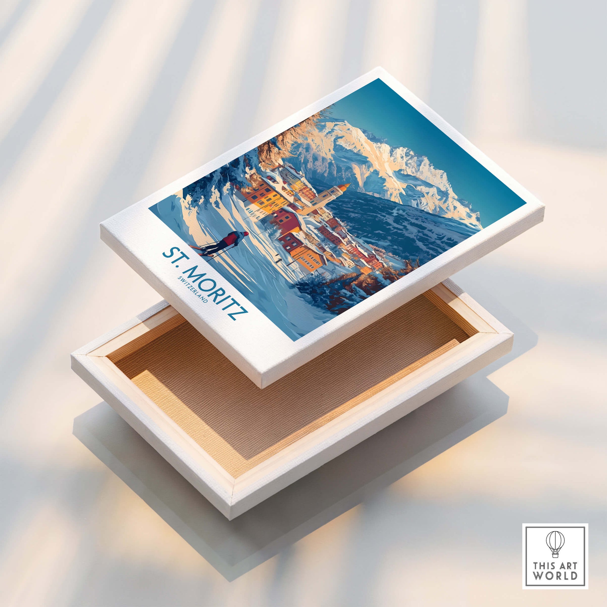 St Moritz Wall Art Ski Poster showcasing a snowy mountain scene and colorful village, perfect for ski lovers' decor.