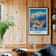 St Moritz Wall Art Ski Poster featuring a snowy mountain landscape and a skier, perfect for home decor.