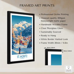 St Moritz Wall Art Ski Poster framed art print featuring a stunning ski scene, professional Giclée printing and clear plexiglass.