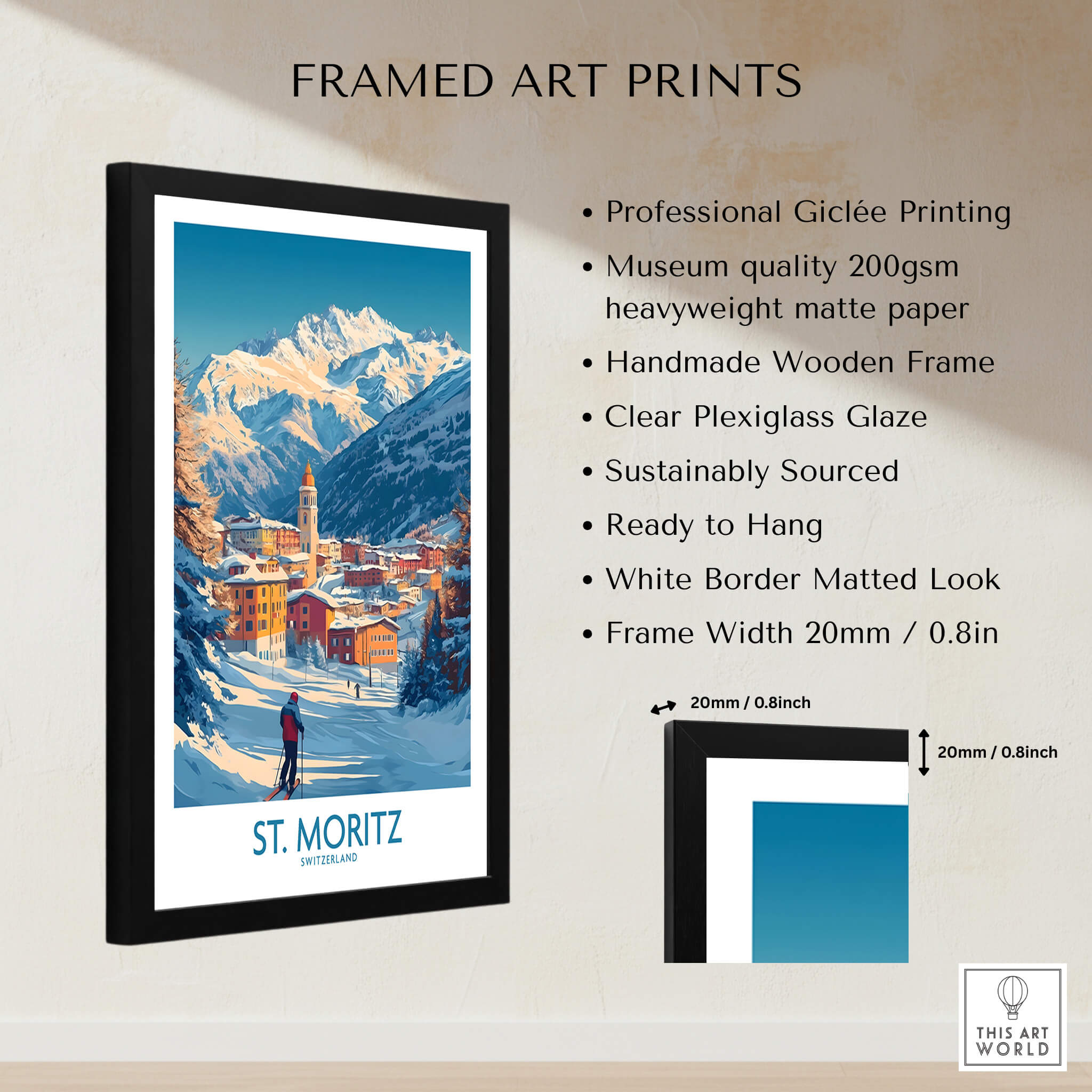 St Moritz Wall Art Ski Poster framed art print featuring a stunning ski scene, professional Giclée printing and clear plexiglass.