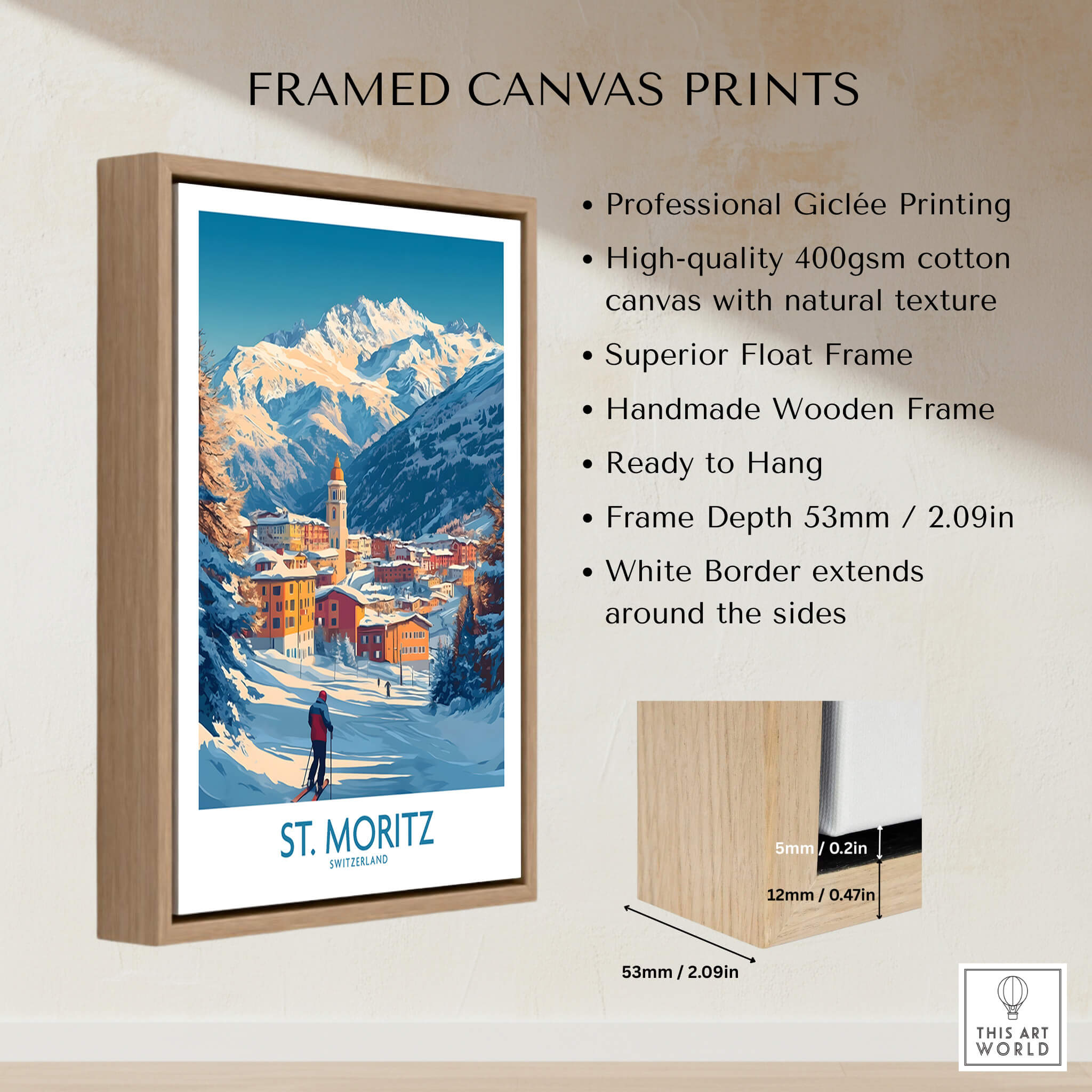 St Moritz Wall Art Ski Poster framed canvas print showcasing a ski scene with high-quality Giclée printing.