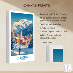 St Moritz Wall Art Ski Poster showcasing professional Giclée printing on high-quality cotton canvas.