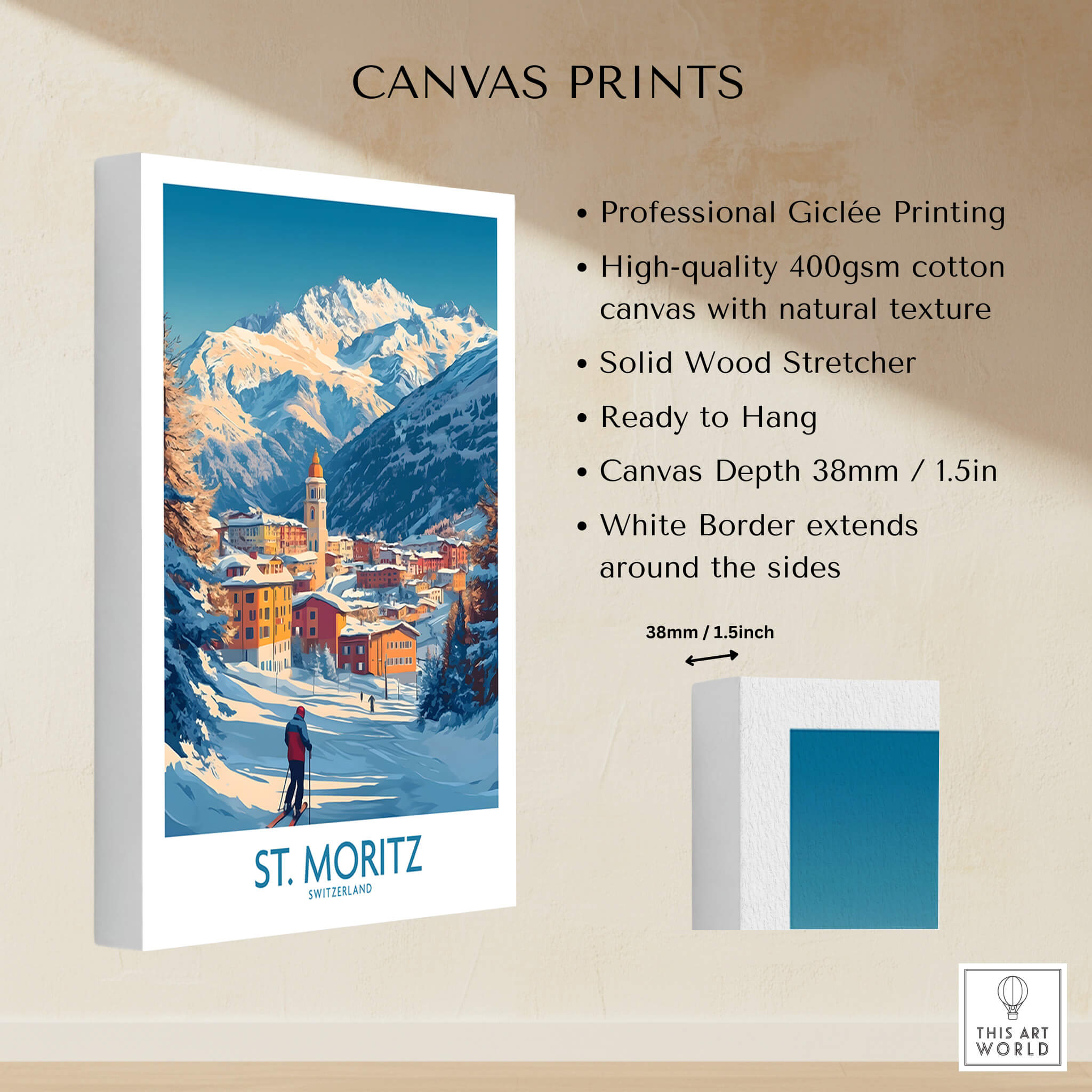 St Moritz Wall Art Ski Poster showcasing professional Giclée printing on high-quality cotton canvas.