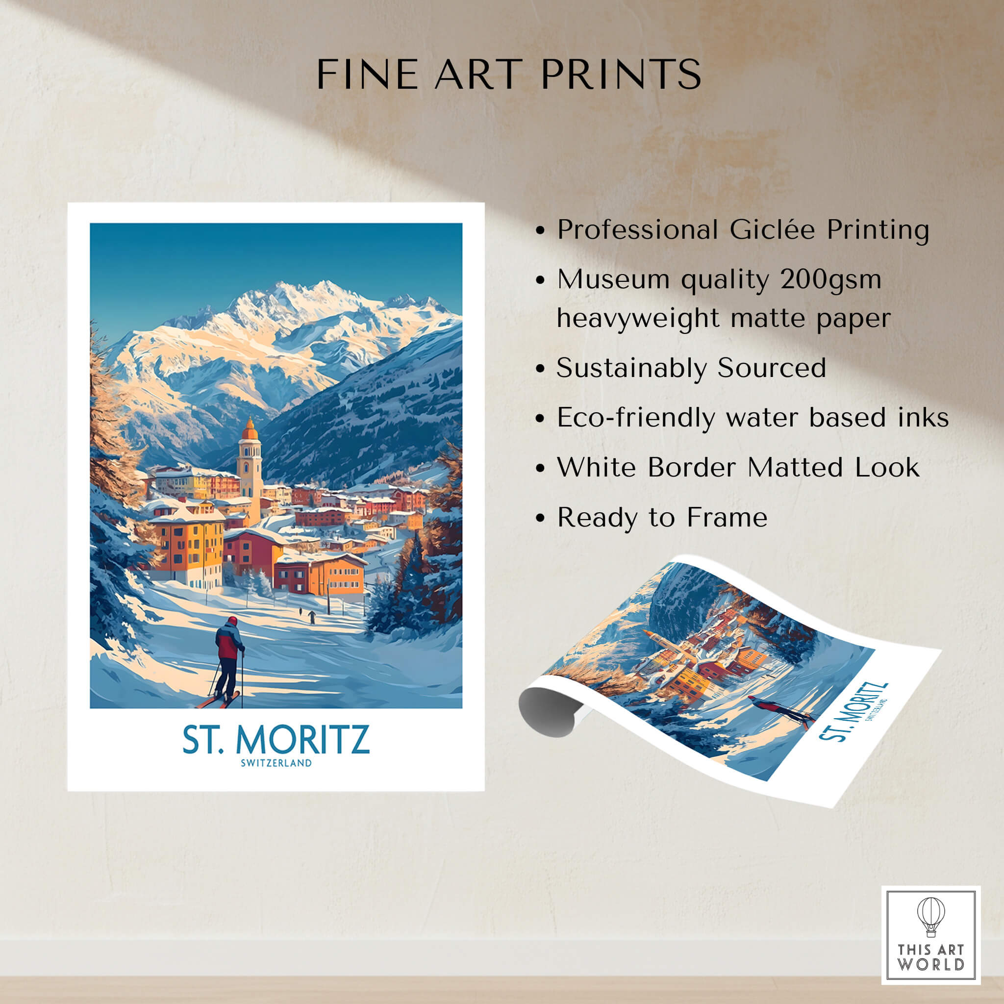 St Moritz Wall Art Ski Poster featuring a stunning ski scene on high-quality matte paper.