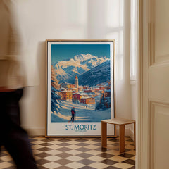 St Moritz Wall Art Ski Poster displayed in a cozy home setting, featuring breathtaking mountain scenery and skiing adventure.