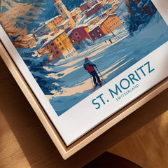 St Moritz Wall Art Ski Poster showcasing a skier in the stunning Swiss mountains, perfect for ski lovers.