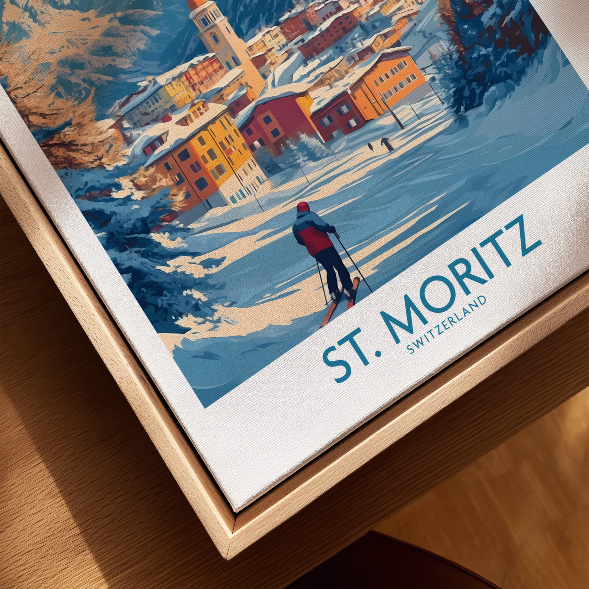 St Moritz Wall Art Ski Poster showcasing a skier in the stunning Swiss mountains, perfect for ski lovers.