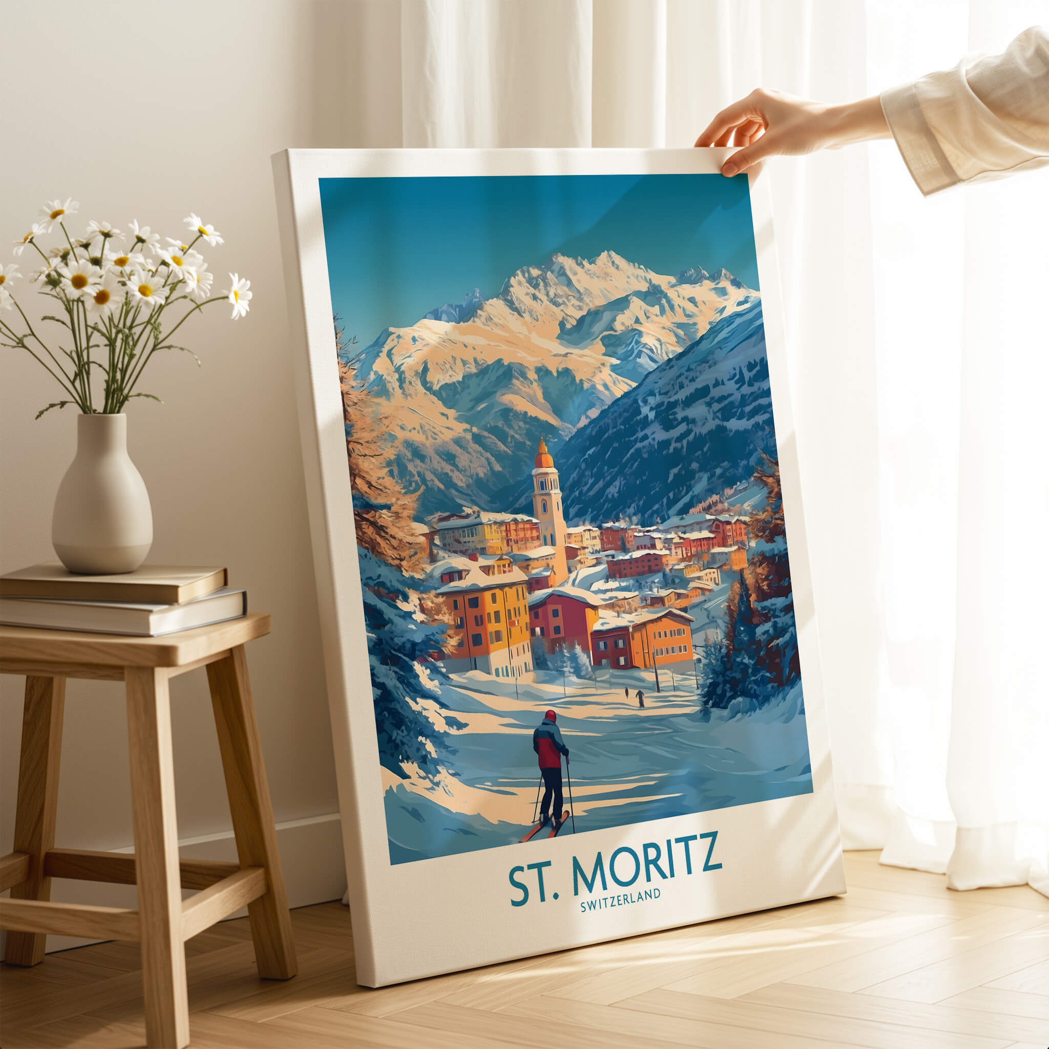 St Moritz Wall Art Ski Poster featuring a stunning ski scene, perfect for home decor and ski lovers.