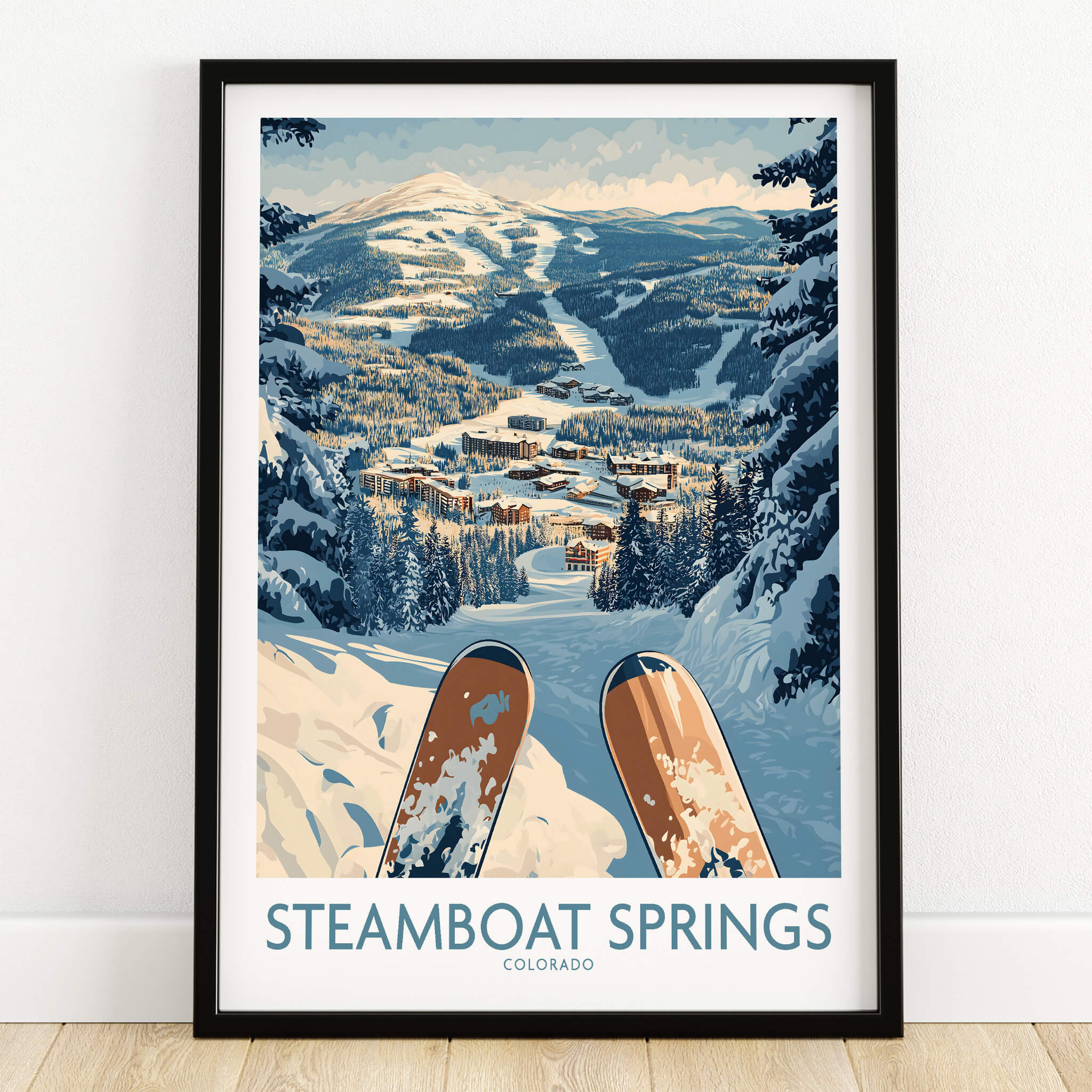 Steamboat Springs Ski Print - Colorado framed wall art showcasing picturesque mountains and skiing scenery.