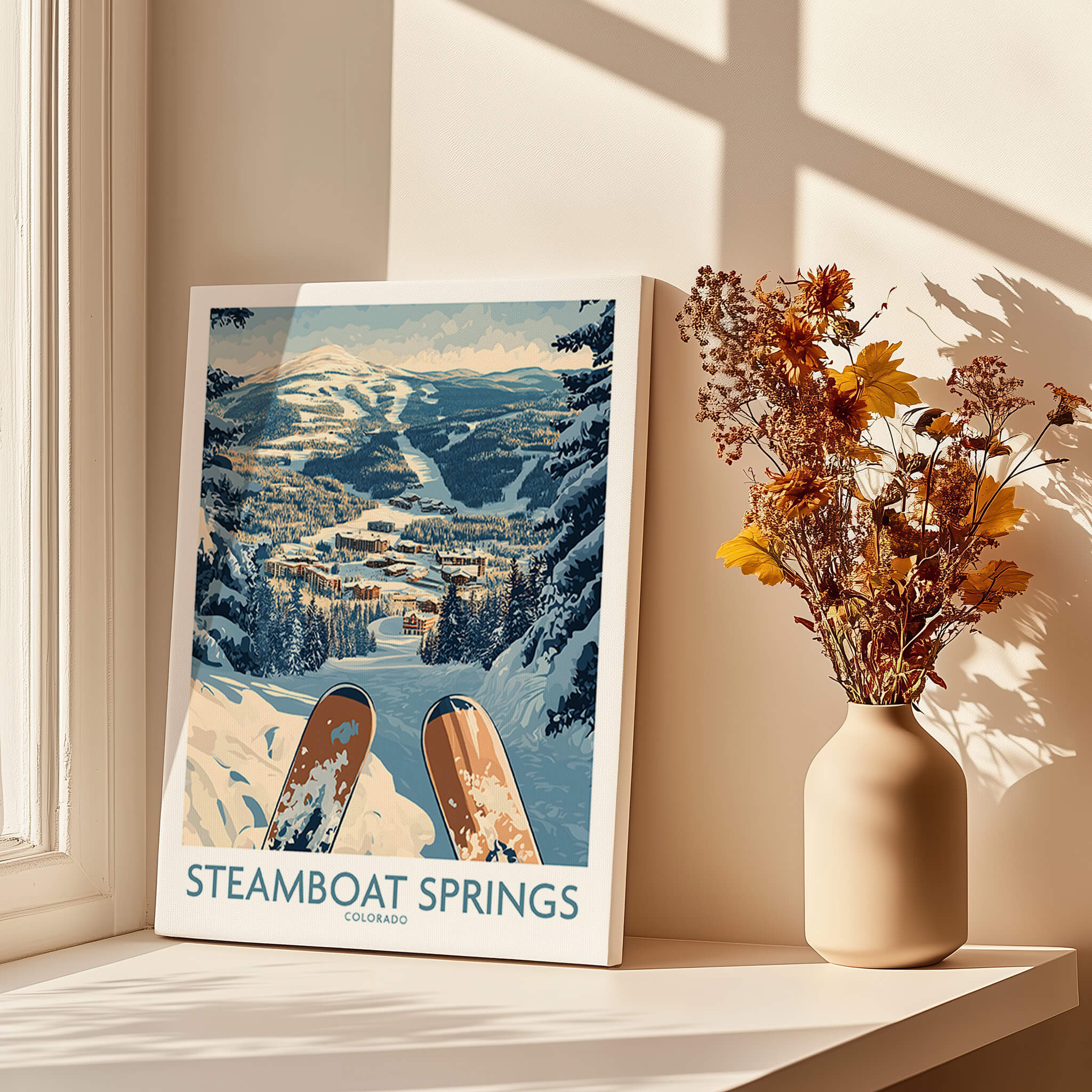 Steamboat Springs Ski Print - Colorado on display with scenic winter mountains and skier's view.