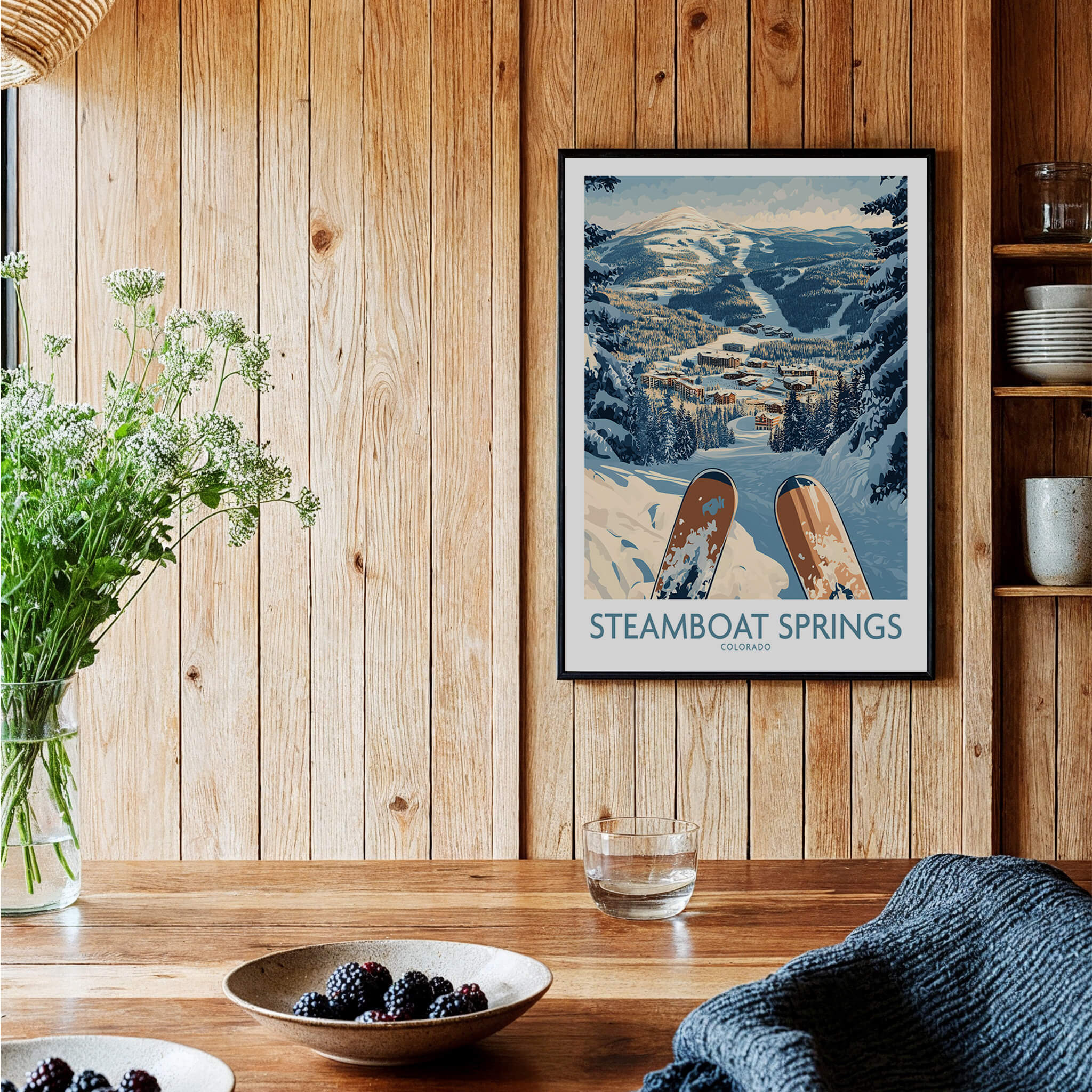 Steamboat Springs Ski Print - Colorado framed on a wooden wall with decor, showcasing a winter sports theme.