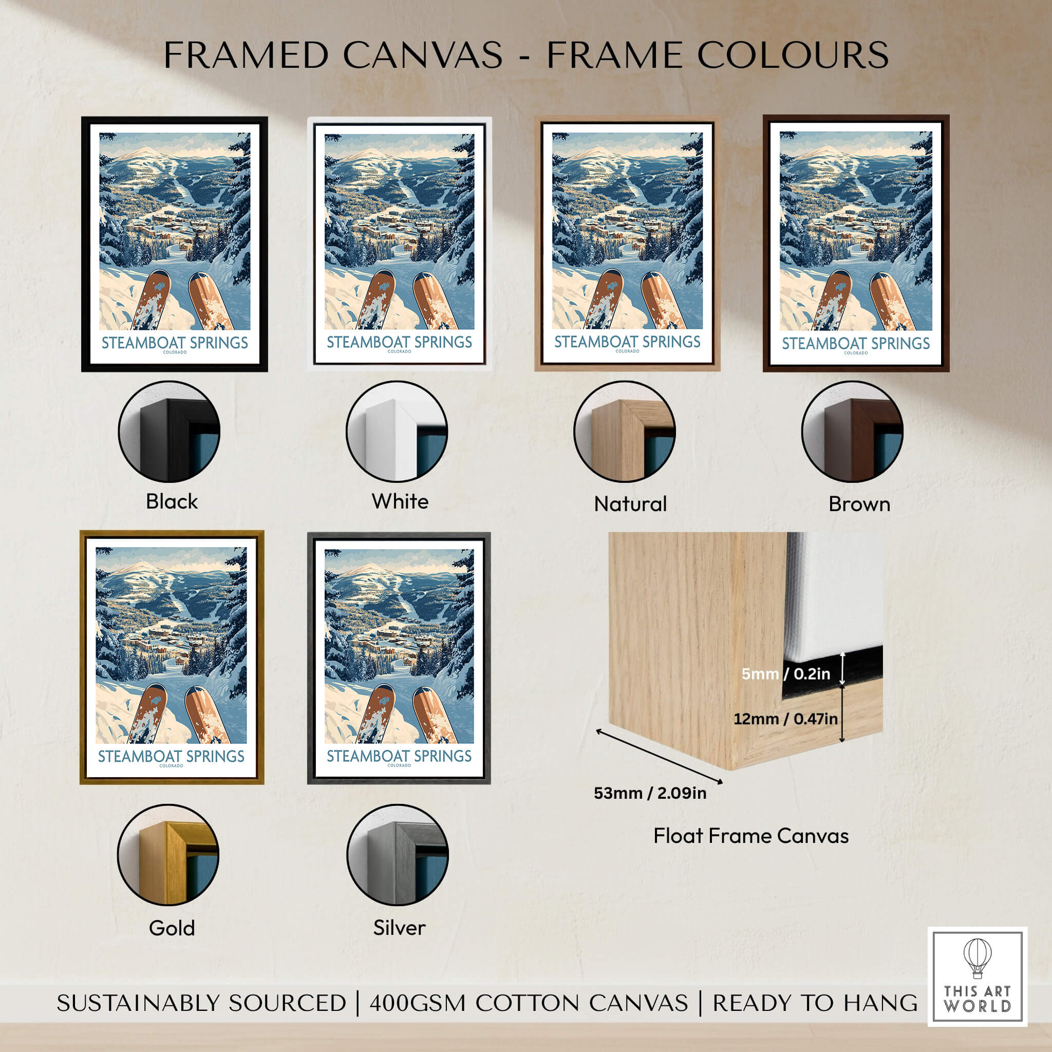 Framed canvas options showing Steamboat Springs Ski Print - Colorado in different frame colors including Black, White, Natural, Brown, Gold, and Silver.