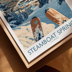 Steamboat Springs Ski Print - Colorado featuring skis and scenic mountain views on a wall art decoration.