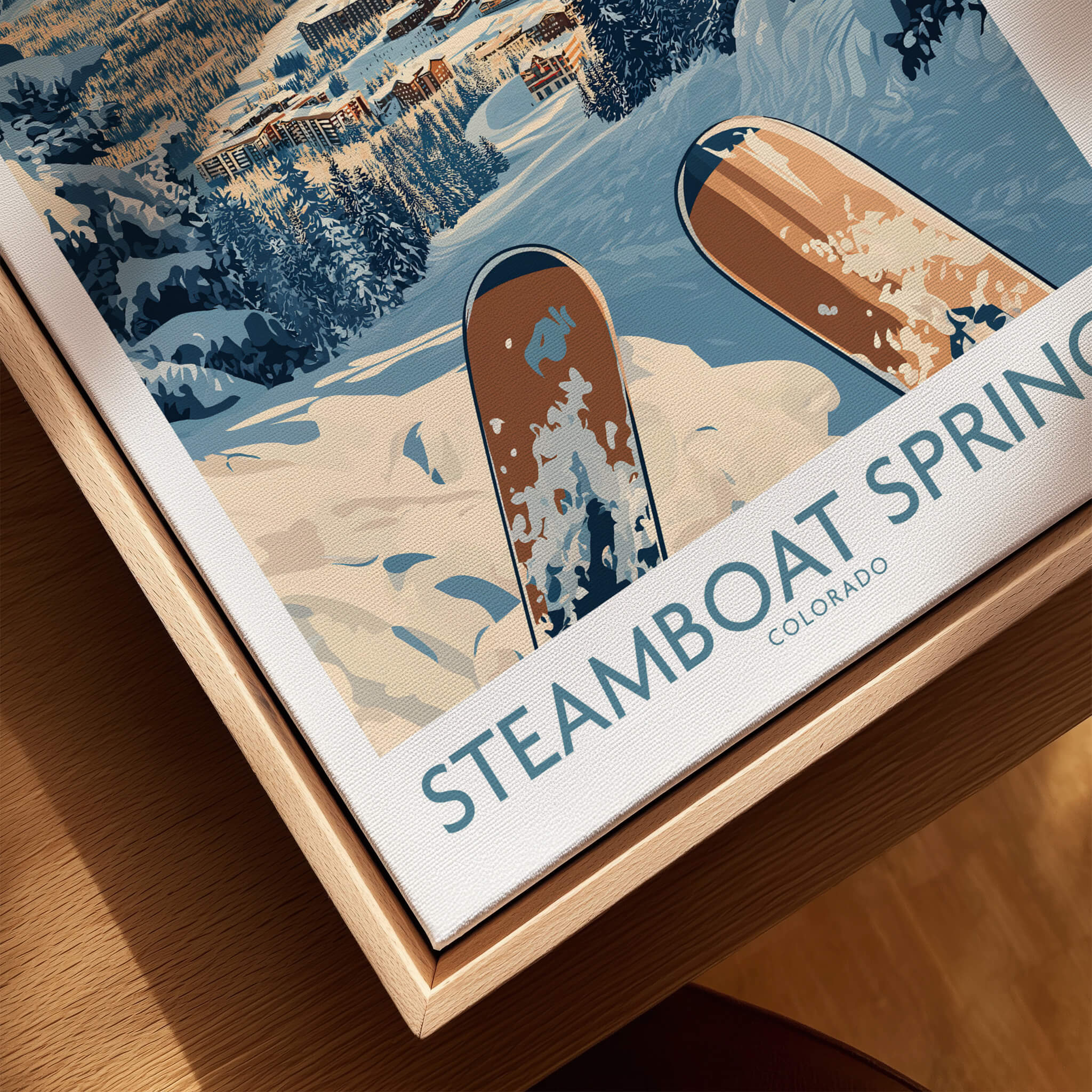 Steamboat Springs Ski Print - Colorado featuring skis and scenic mountain views on a wall art decoration.