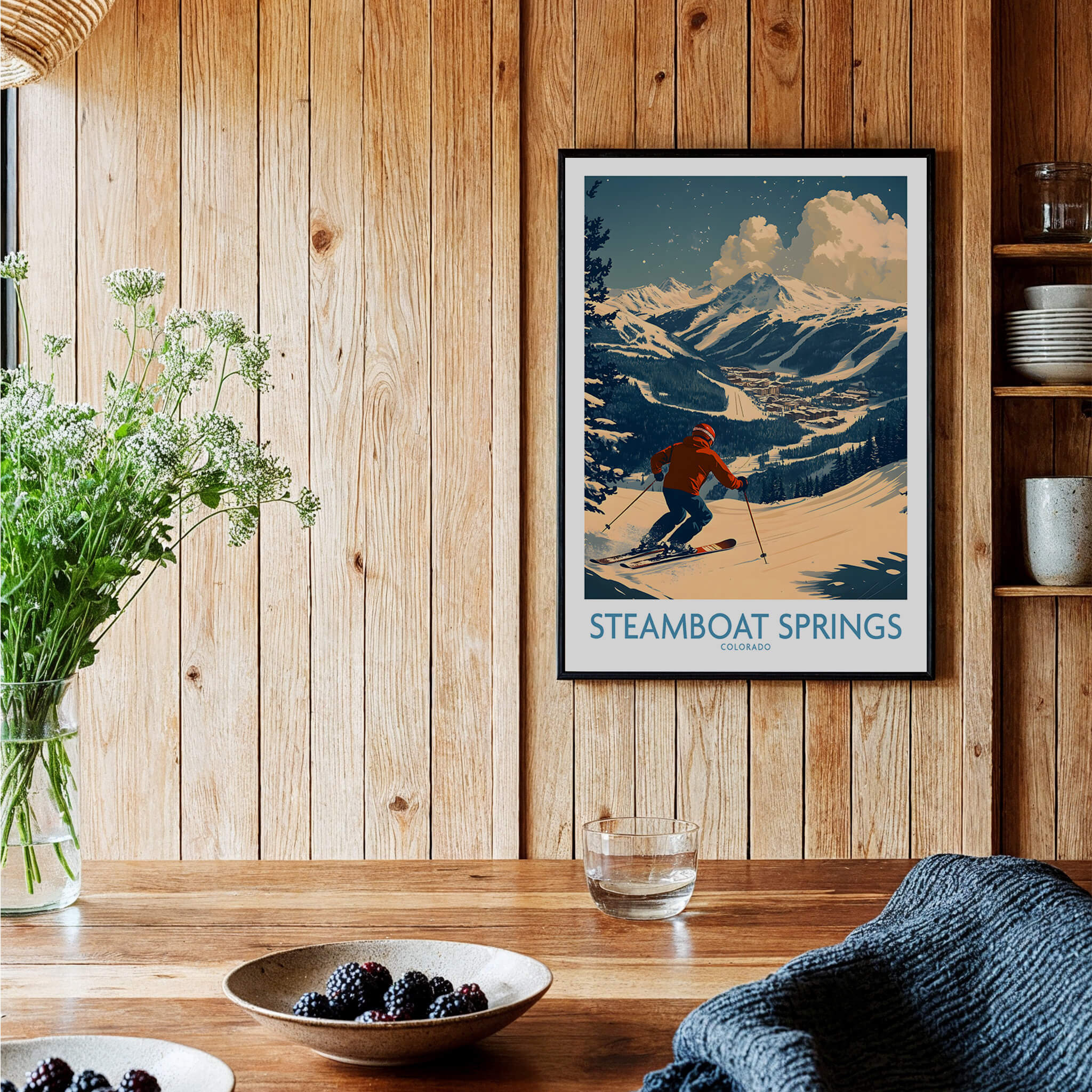 Steamboat Springs Wall Art - Colorado ski print displayed on wooden wall with rustic decor.