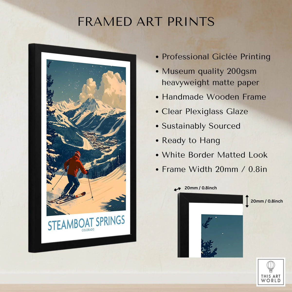 Steamboat Springs Wall Art - Colorado framed ski print showcasing mountains and skier, perfect for home decor.
