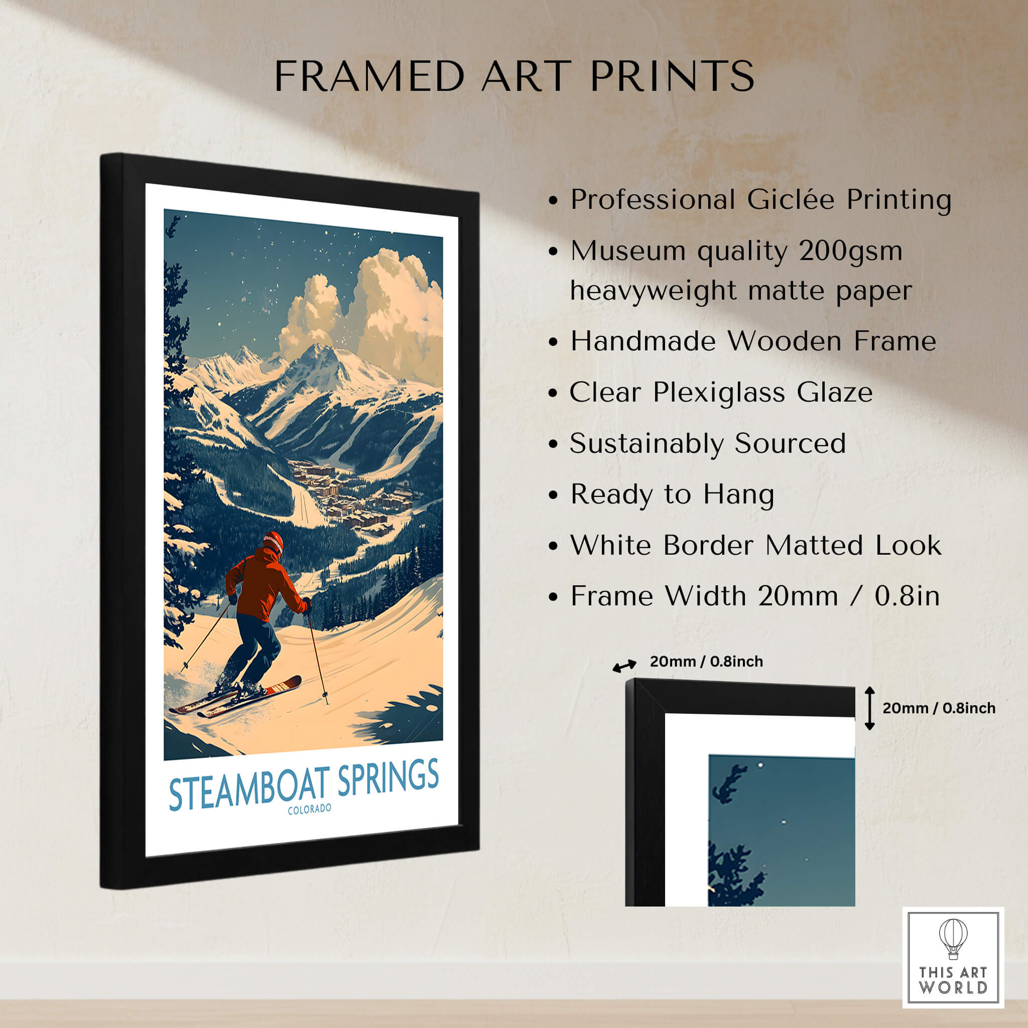 Steamboat Springs Wall Art - Colorado framed ski print showcasing mountains and skier, perfect for home decor.