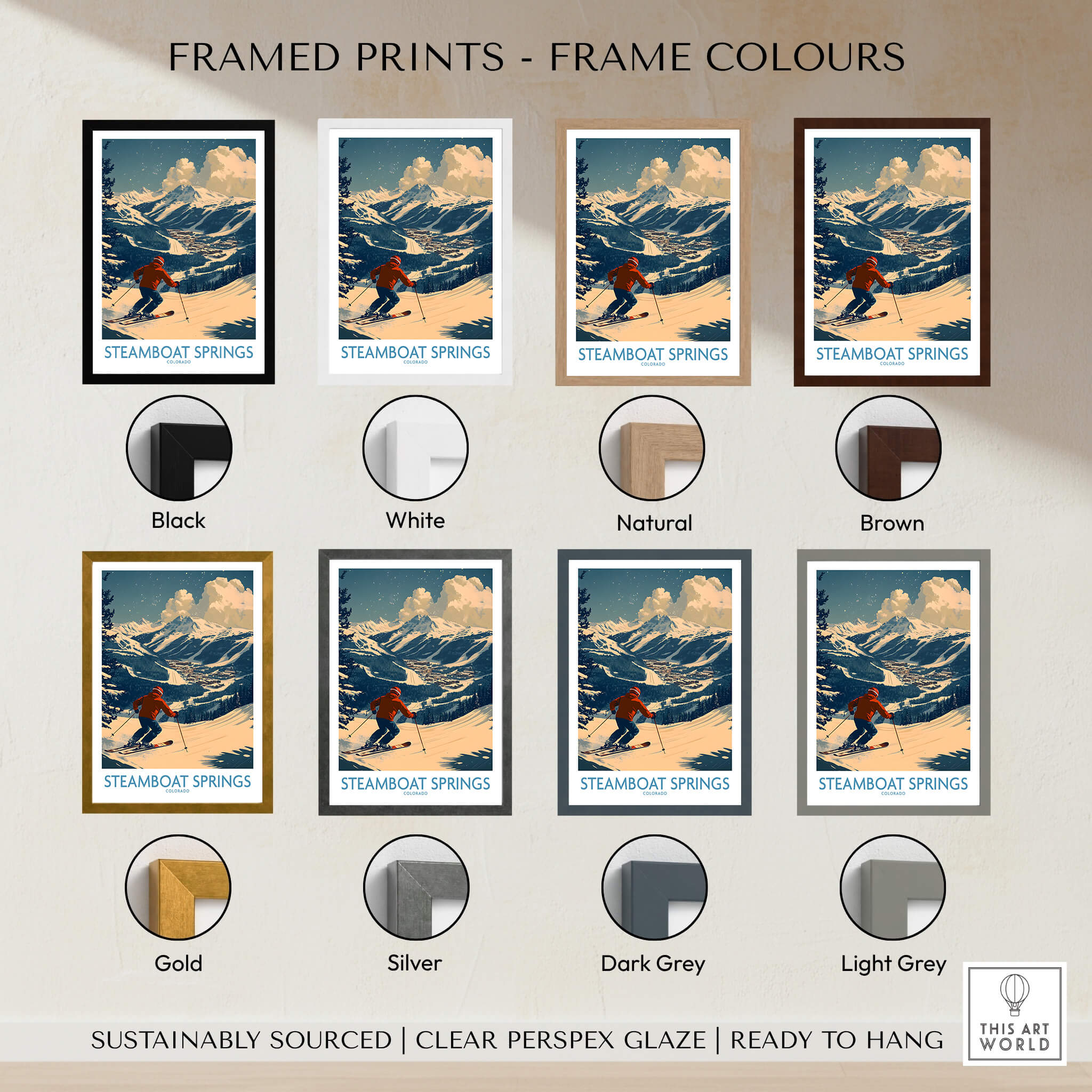 Steamboat Springs Wall Art - Colorado framed print options in various colors including black, white, natural, brown, gold, silver, dark grey, and light grey.
