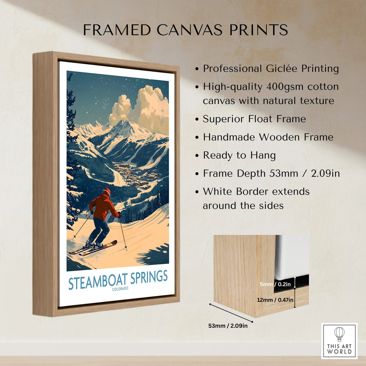 Framed canvas print of Steamboat Springs Wall Art - Colorado featuring a skier in the mountains.