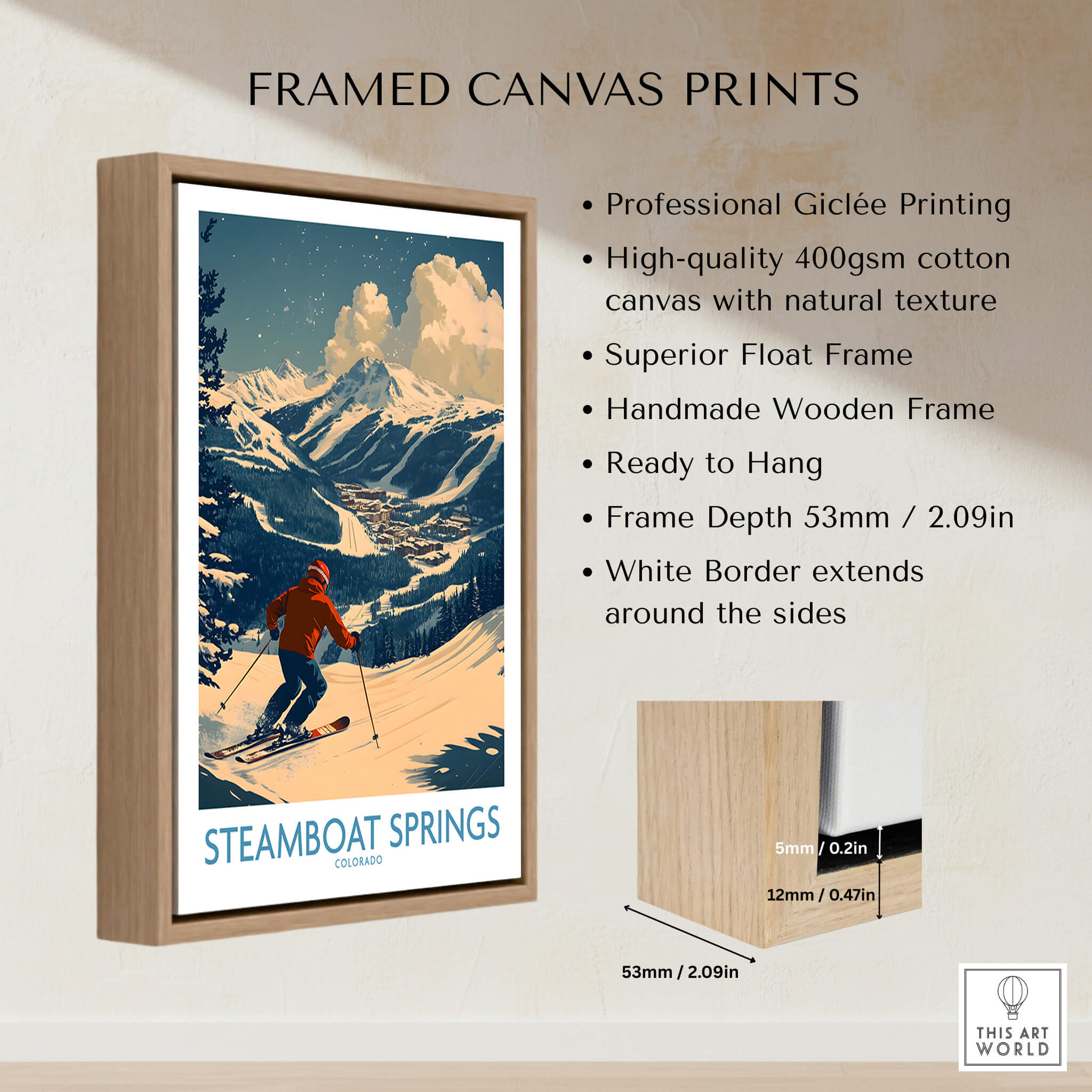 Framed canvas print of Steamboat Springs Wall Art - Colorado featuring a skier in the mountains.