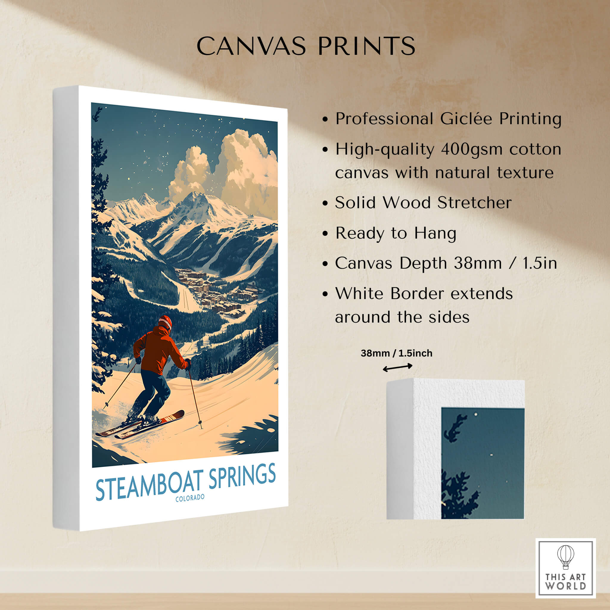 Steamboat Springs Wall Art - Colorado featuring a ski print on a canvas print with natural texture.