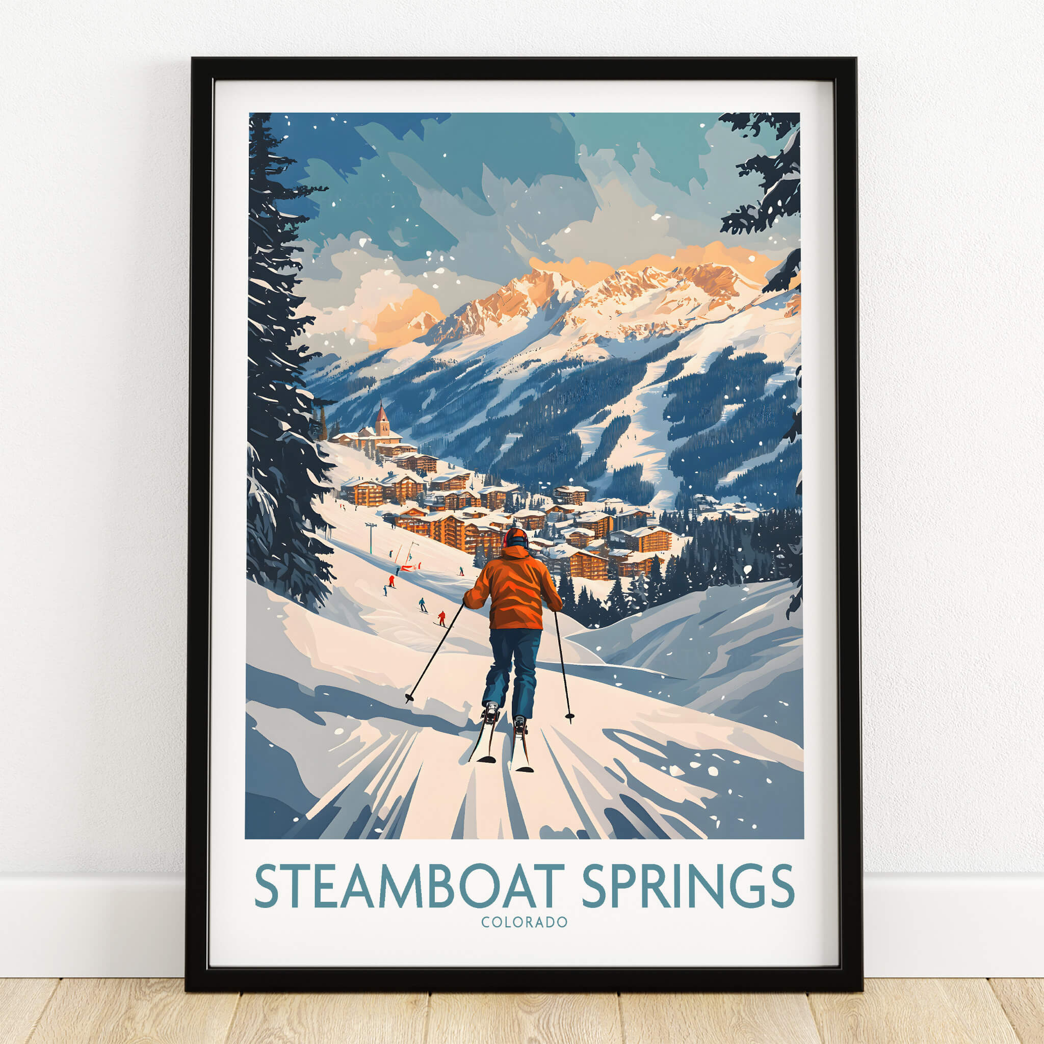 Steamboat Springs Poster Colorado showcasing a skier on a snowy slope with mountains and a resort in background.